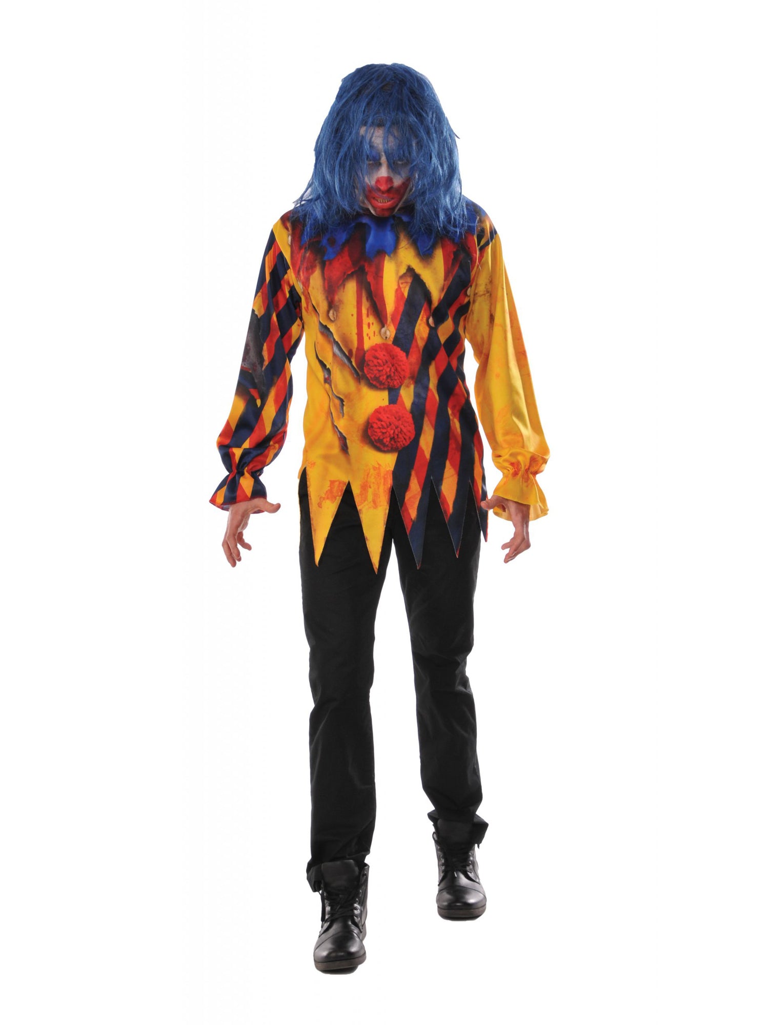 Man wearing a Men's Killer Clown costume top, featuring yellow and black stripes, blood splatters, red pom-poms, a ruffled collar, and a jagged hem, paired with black trousers and a blue wig.