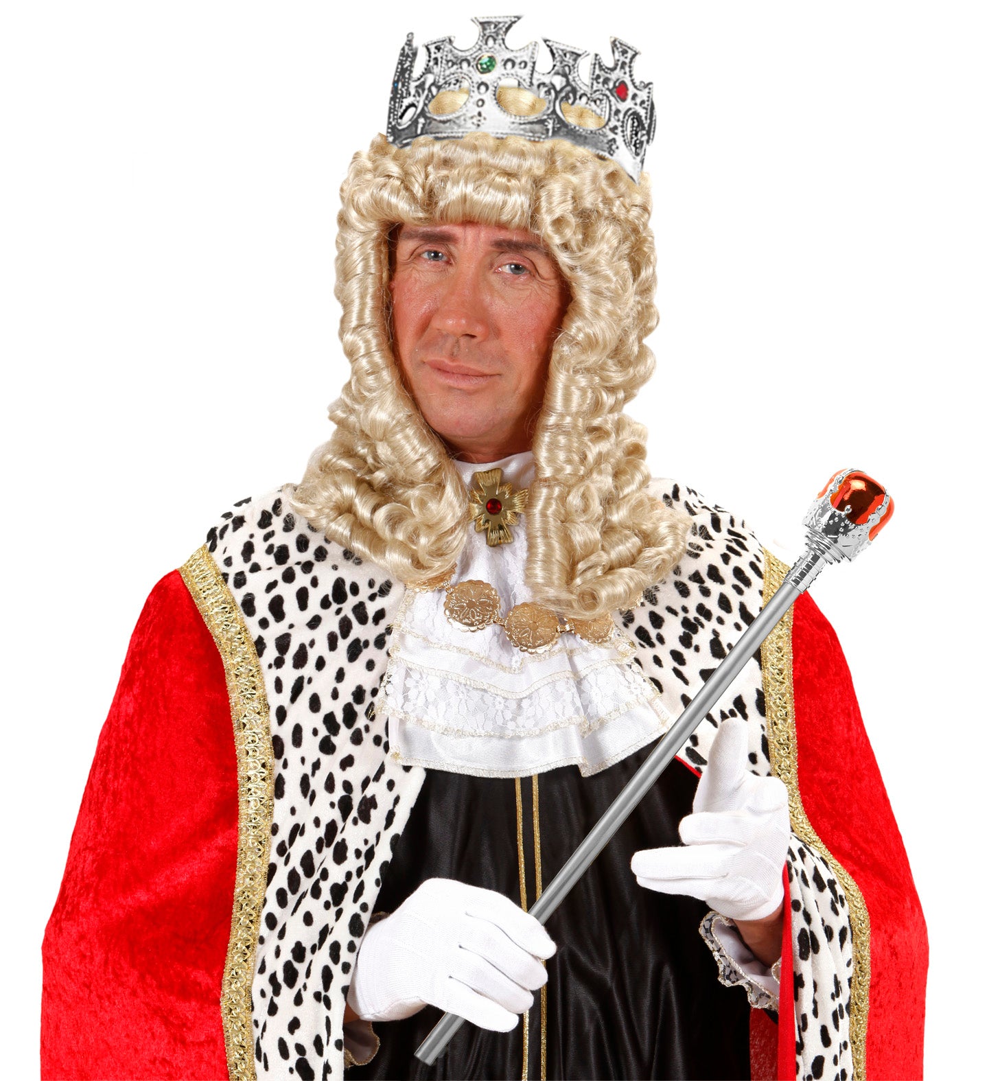 A man in a historical judge/courtier's wig wearing the silver king crown and holding a sceptre.