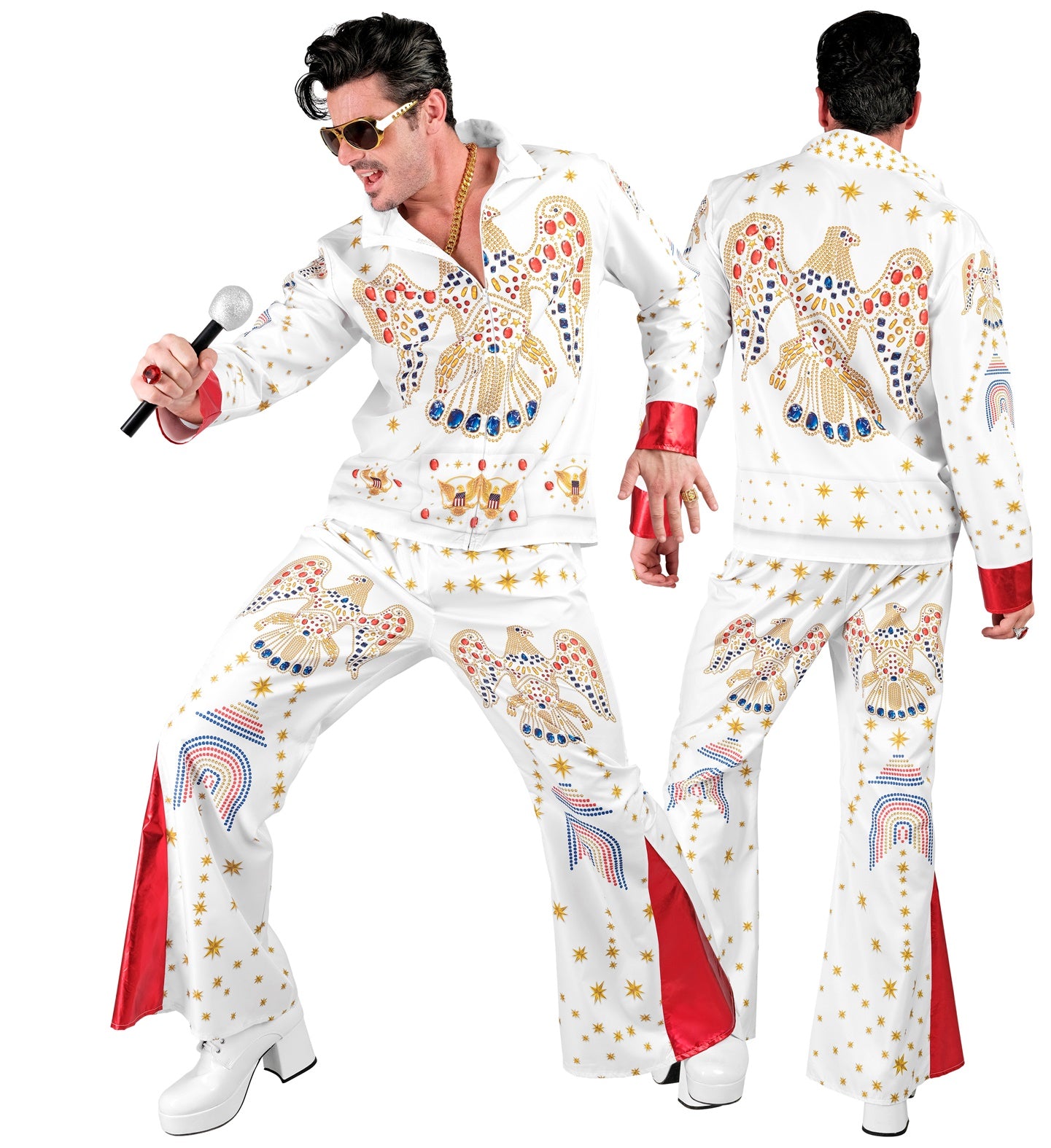 Elvis Presley costume with white outfit, red cuffs, and colorful decorations on a white background