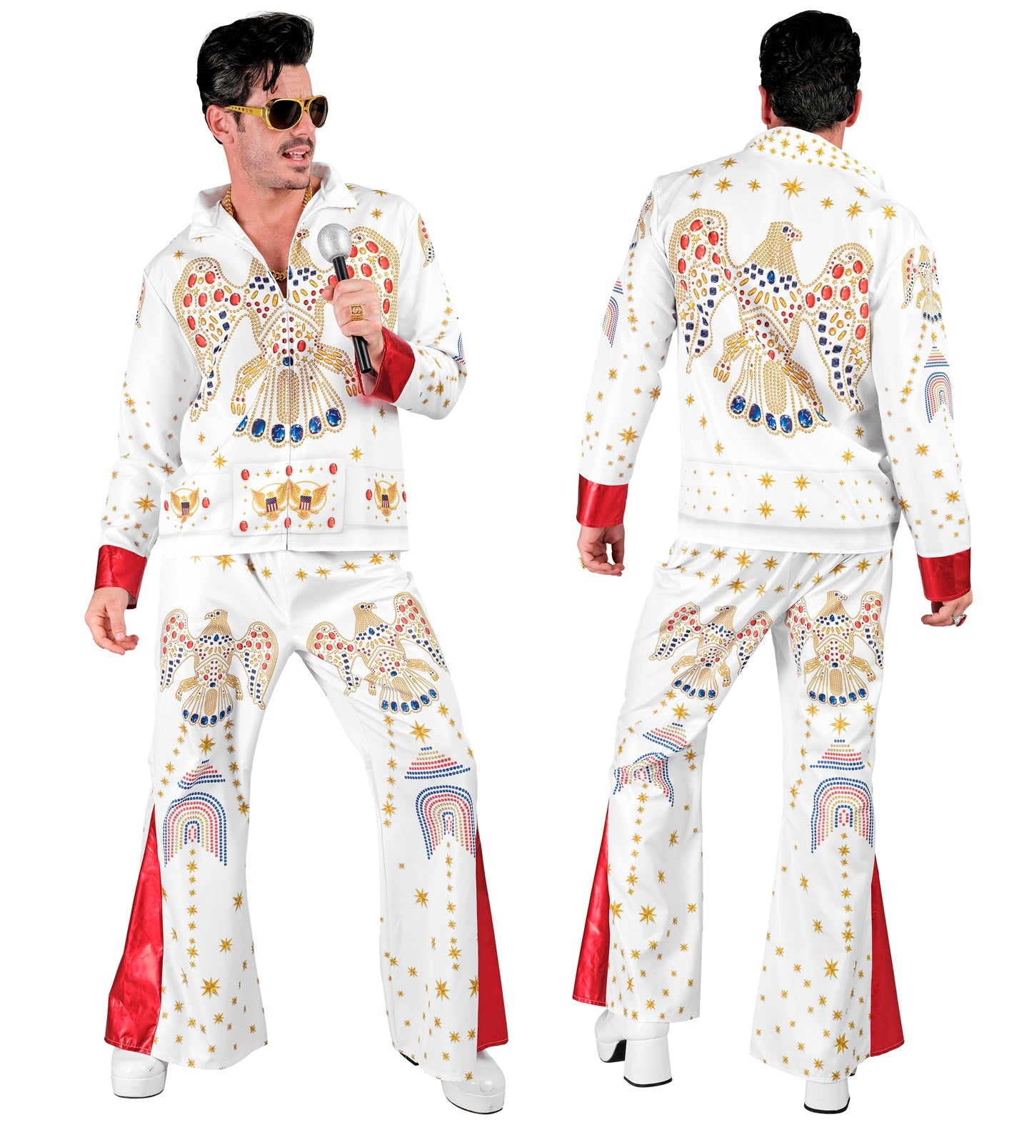 Person wearing a Elvis American eagle white costume with colorful designs,  on a white background.