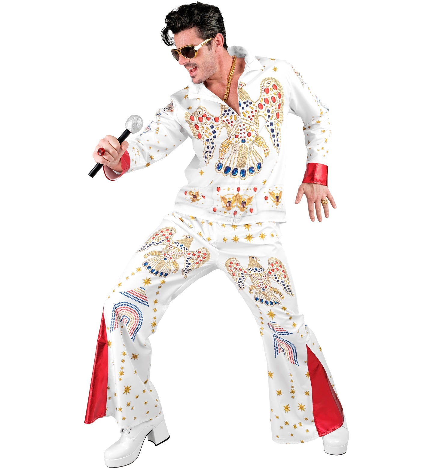 A man in an Elvis costume strike a pose with a microphone, showing the detailed 3D printed jewelry patterns.