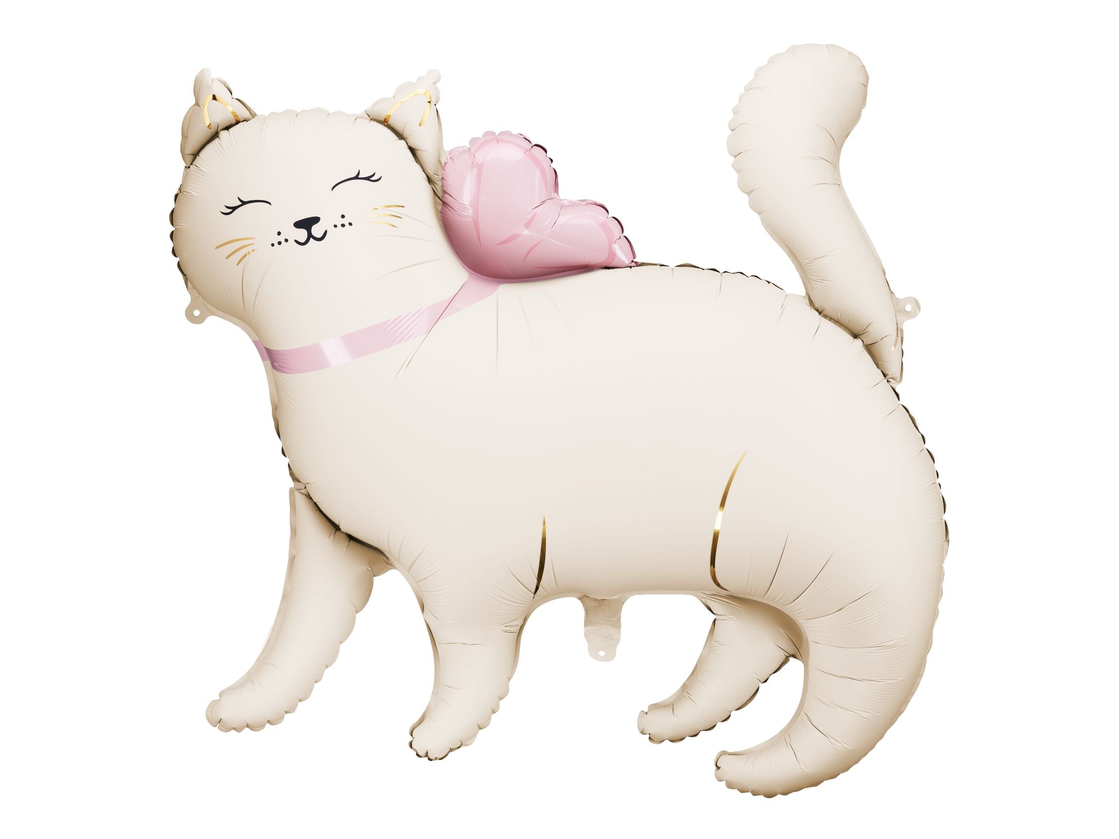 Large white kitty cat foil balloon with a pink collar and heart-shaped accessory on its back.