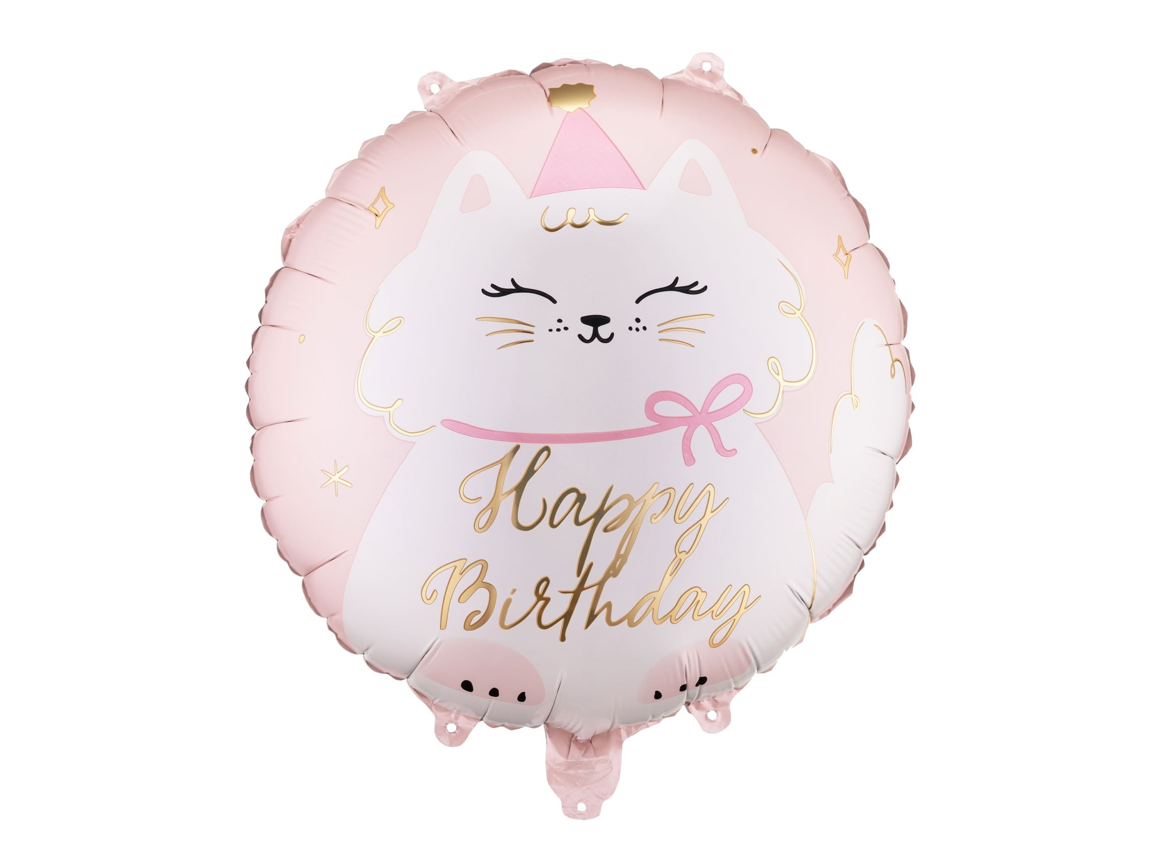 Round pink and white foil balloon featuring a cute kitty in a party hat and gold "Happy Birthday" text.