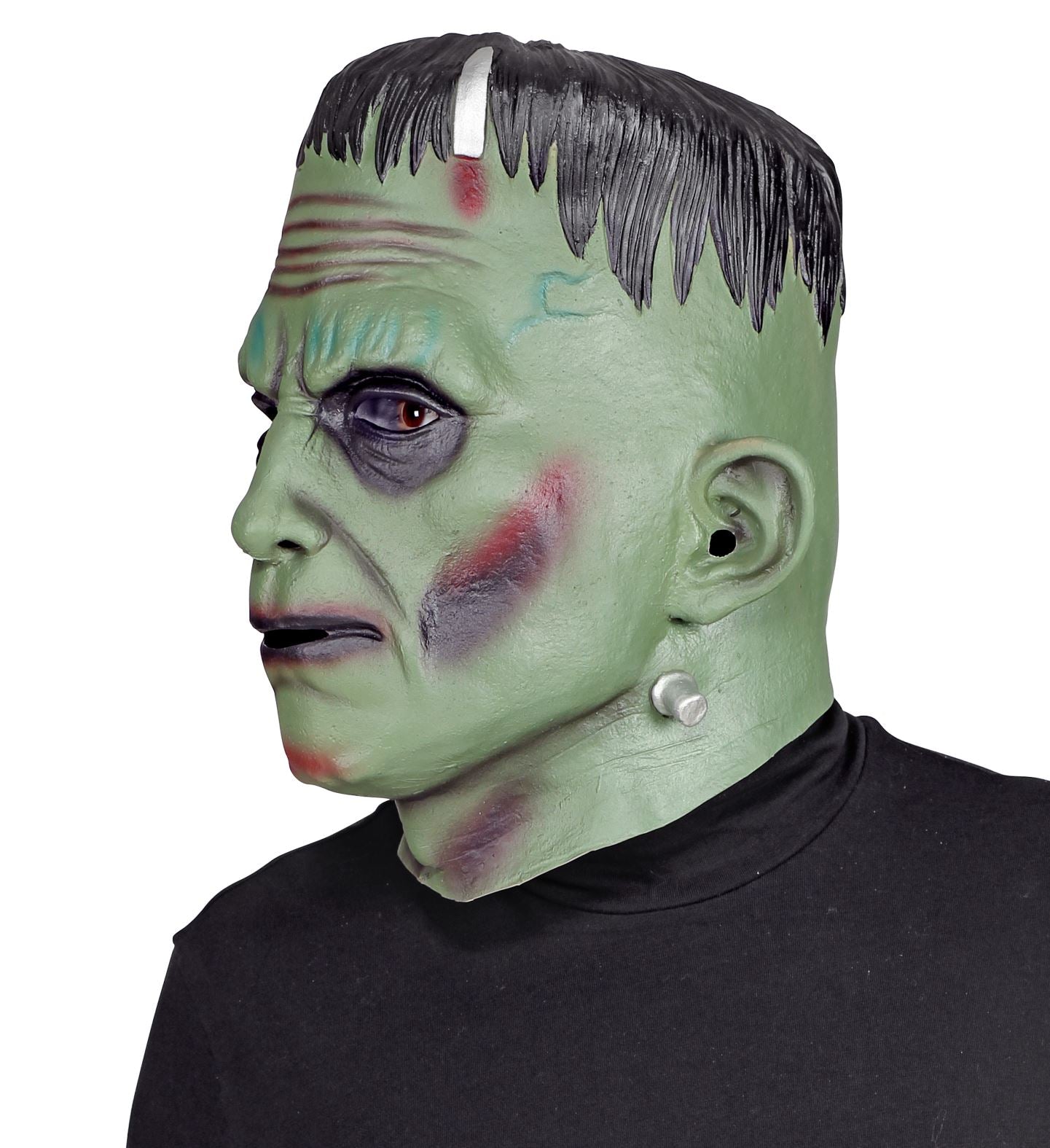A side-profile view of a green Frankenstein-style monster mask, highlighting the silver neck bolt, ear hole cutouts, dark shaded eye contour, and jagged molded black hair.