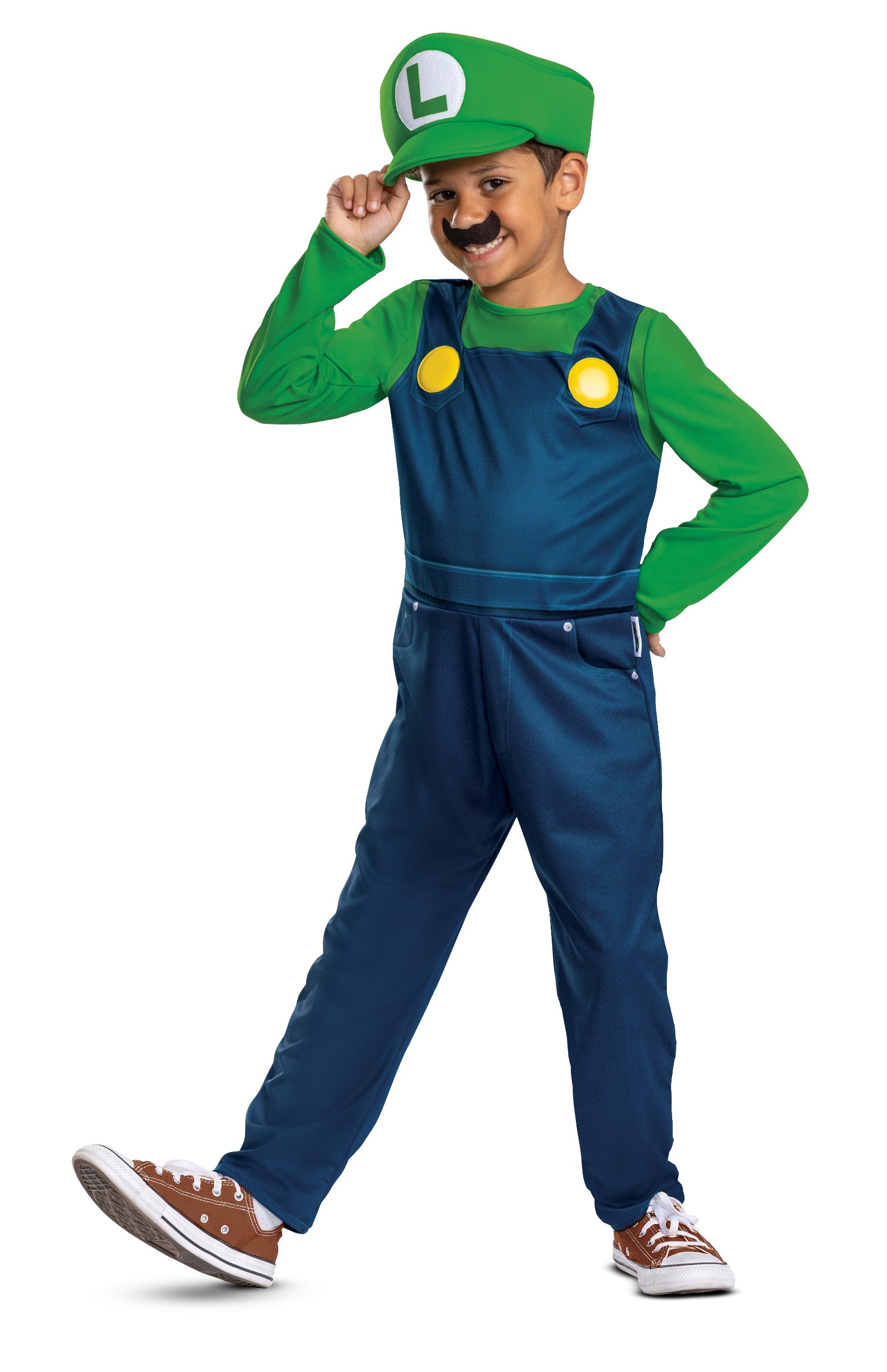 A model wearing a Luigi classic costume including a blue and green jumpsuit, tipping the iconic green 'L' hat, and wearing a moustache.