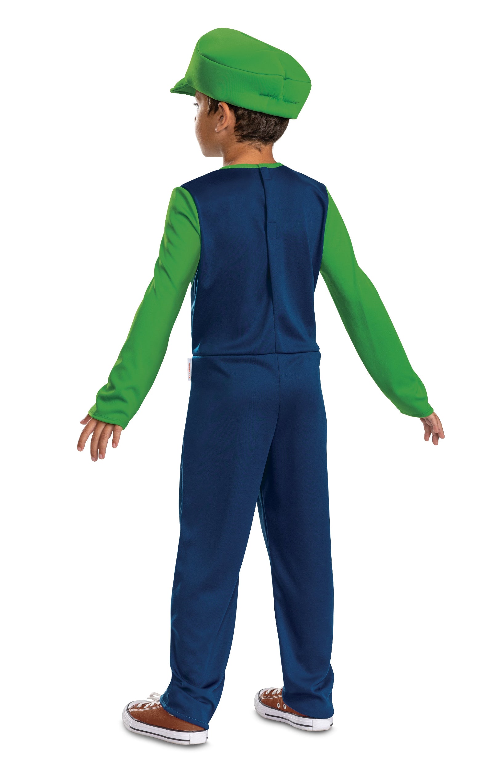 The back view of a child's Luigi costume on a model, showing the convenient back closure of the one-piece blue overall and green shirt jumpsuit.