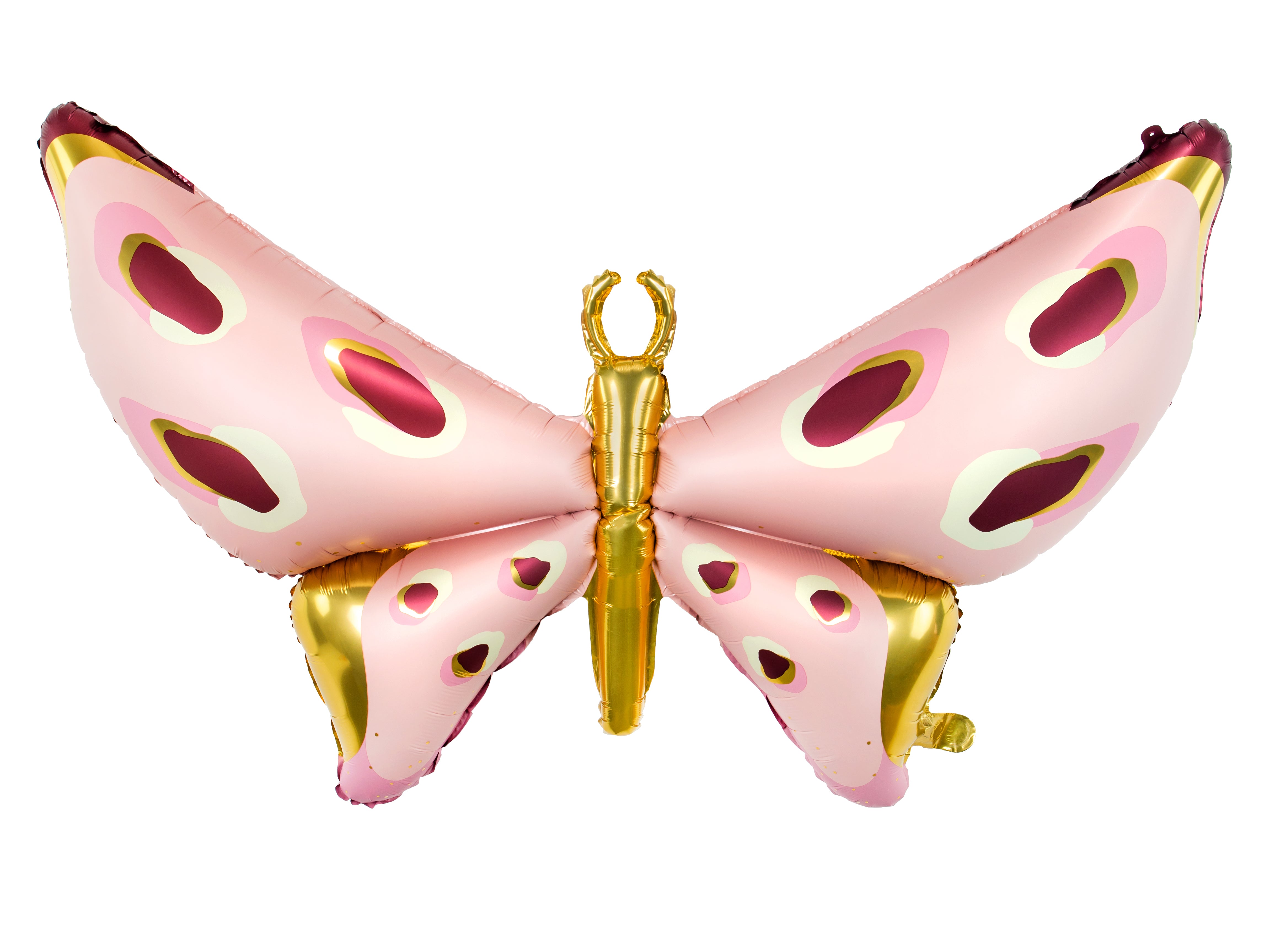 A large, pink and gold foil balloon shaped like a butterfly with detailed patterns, isolated on a white background.