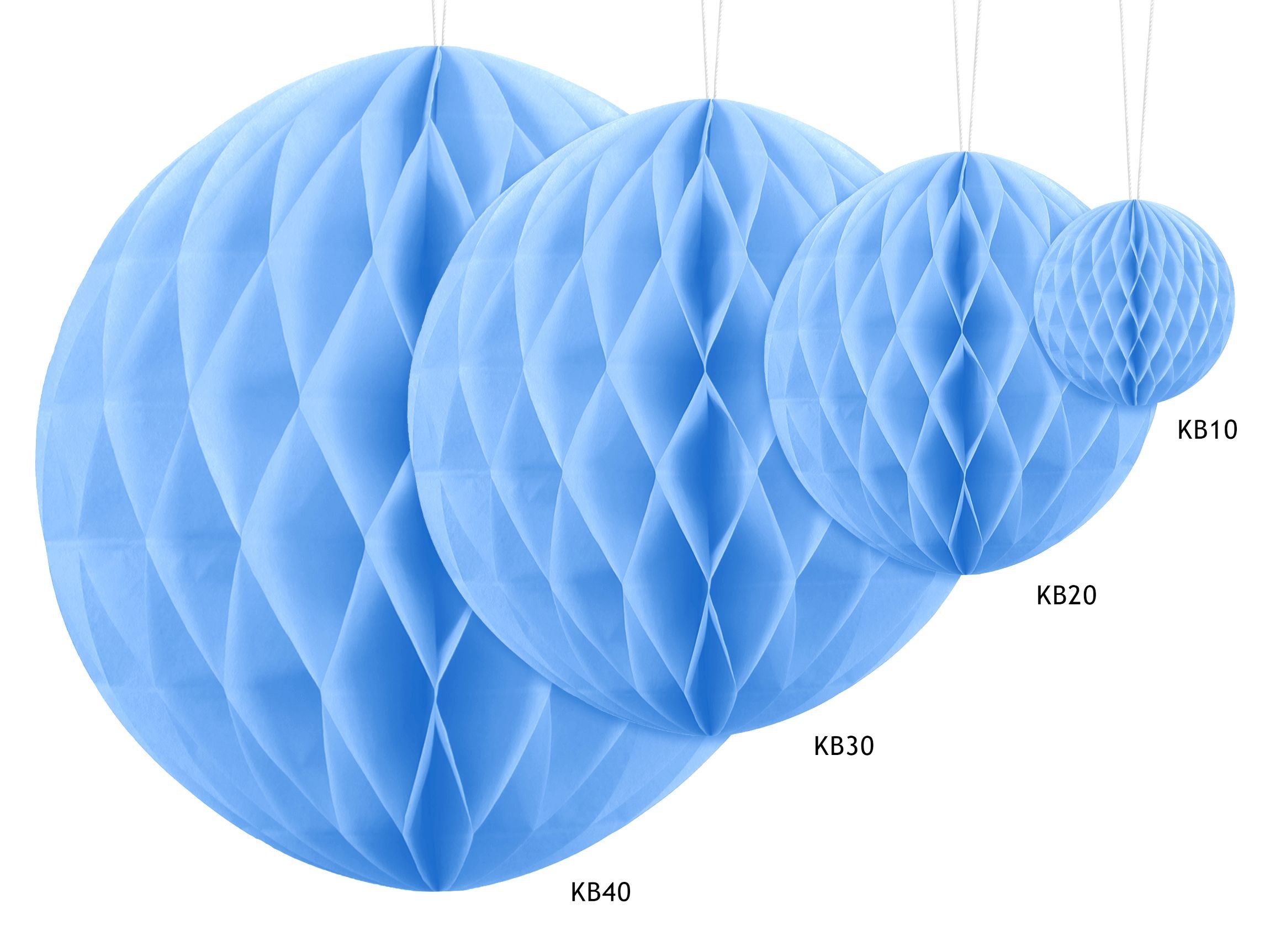 Light blue honeycomb balls in various sizes including 30cm (KB30) and 40cm (KB40).