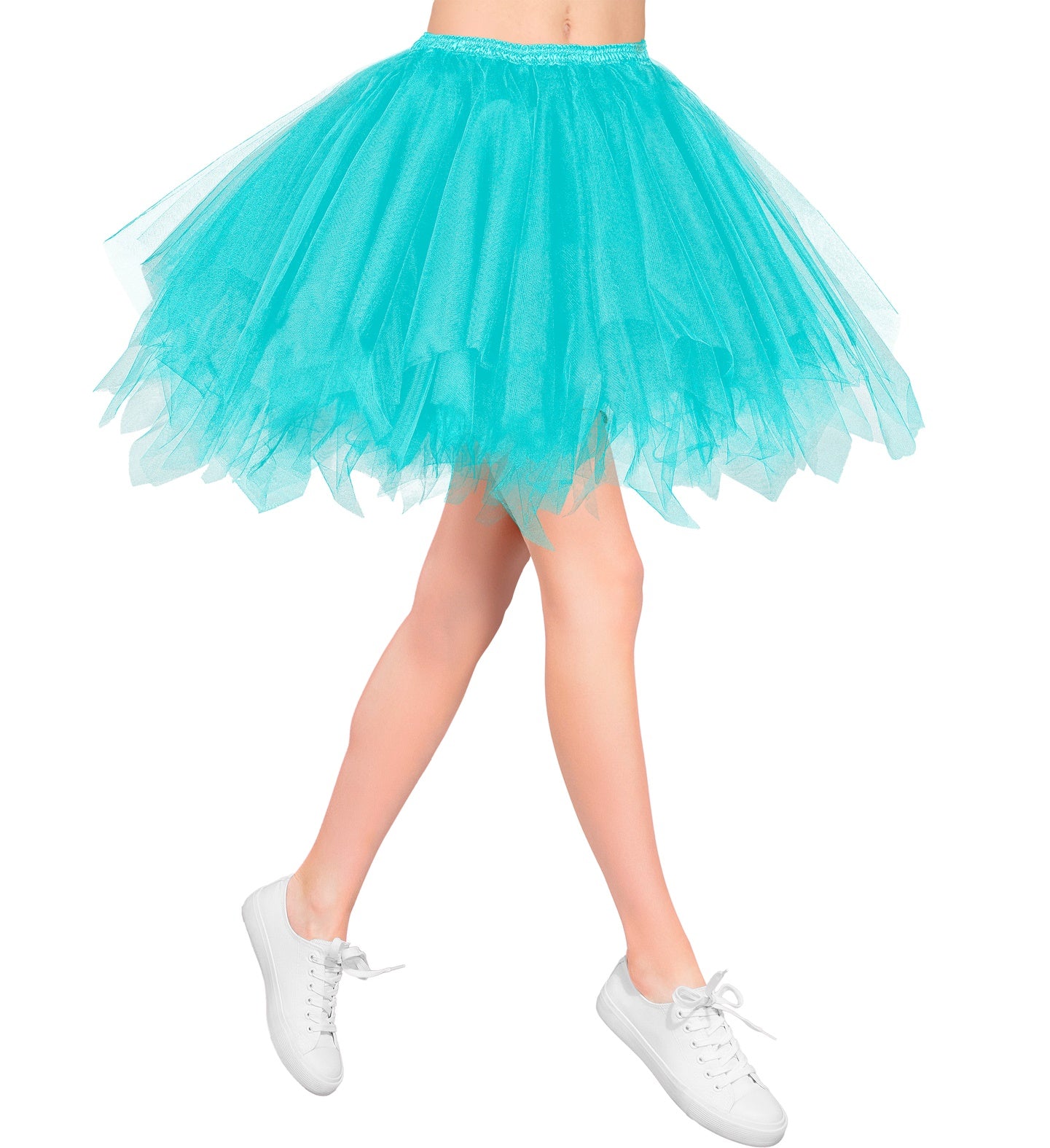 Woman's legs wearing a short, fluffy light blue tutu skirt with white trainers.