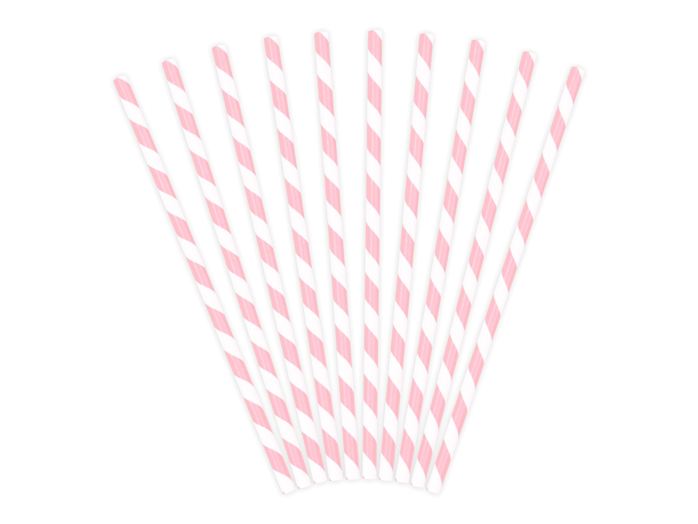A fan-shaped arrangement of 10 light pink and white striped paper straws.