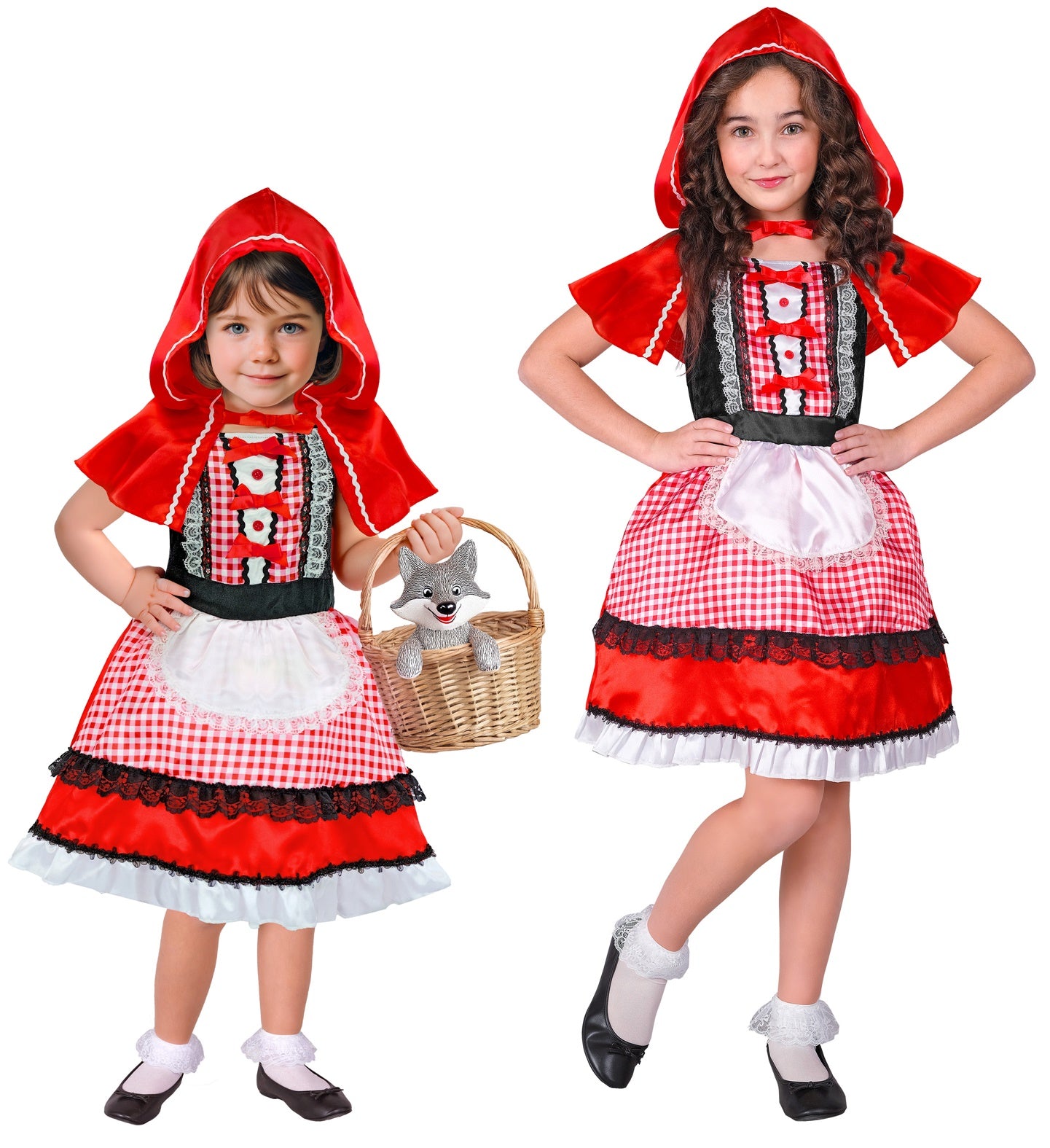 Two girls in matching Little Miss Red Riding Hood costumes posing for a fairytale-themed party.