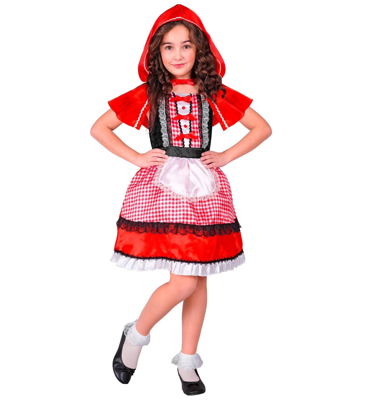 Child modeling the Little Miss Red Riding Hood costume featuring a gingham dress, white apron, and red hooded capelet.