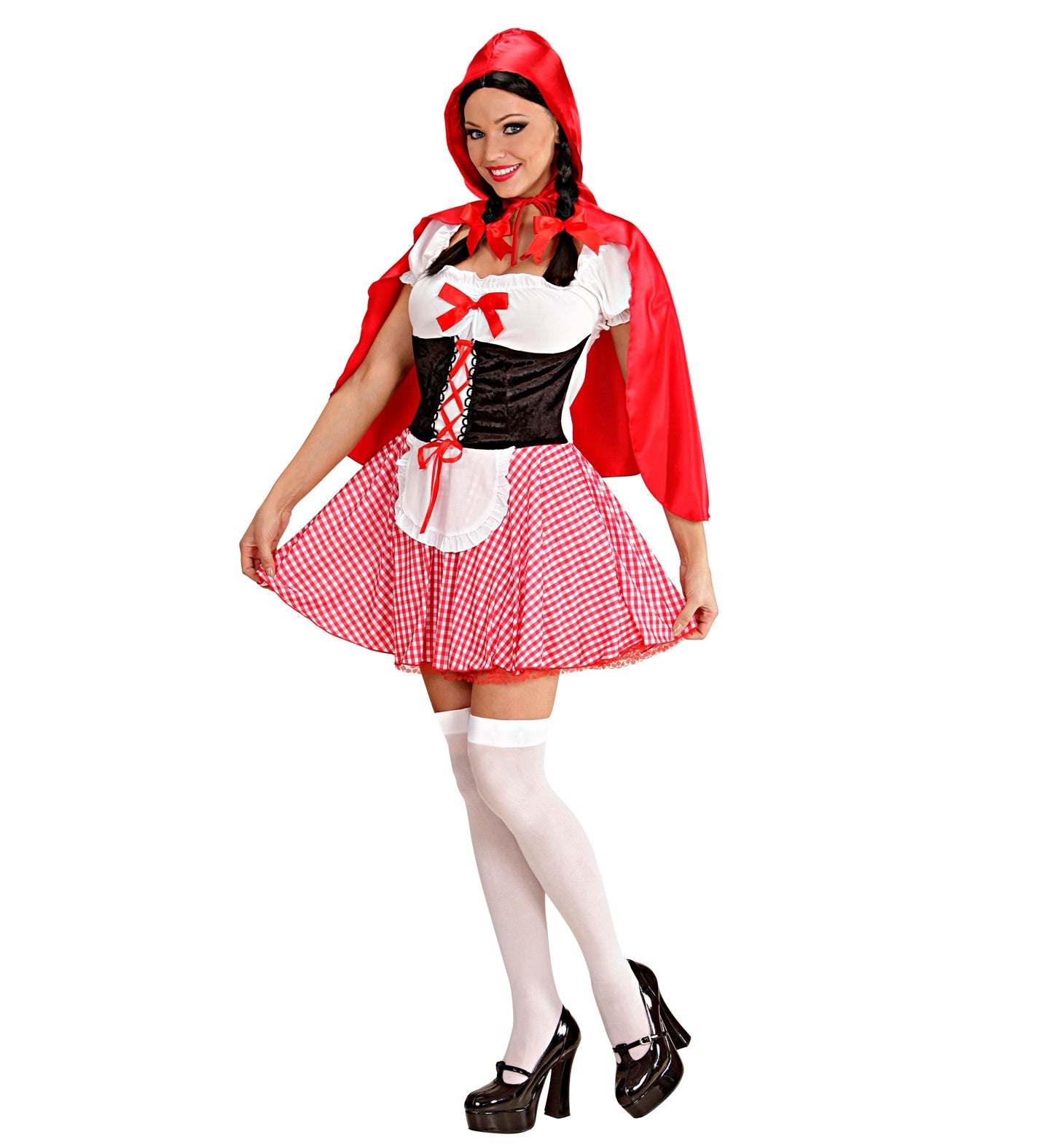 Woman modeling an adult Little Red Riding Hood costume featuring a red gingham dress and hooded capelet.