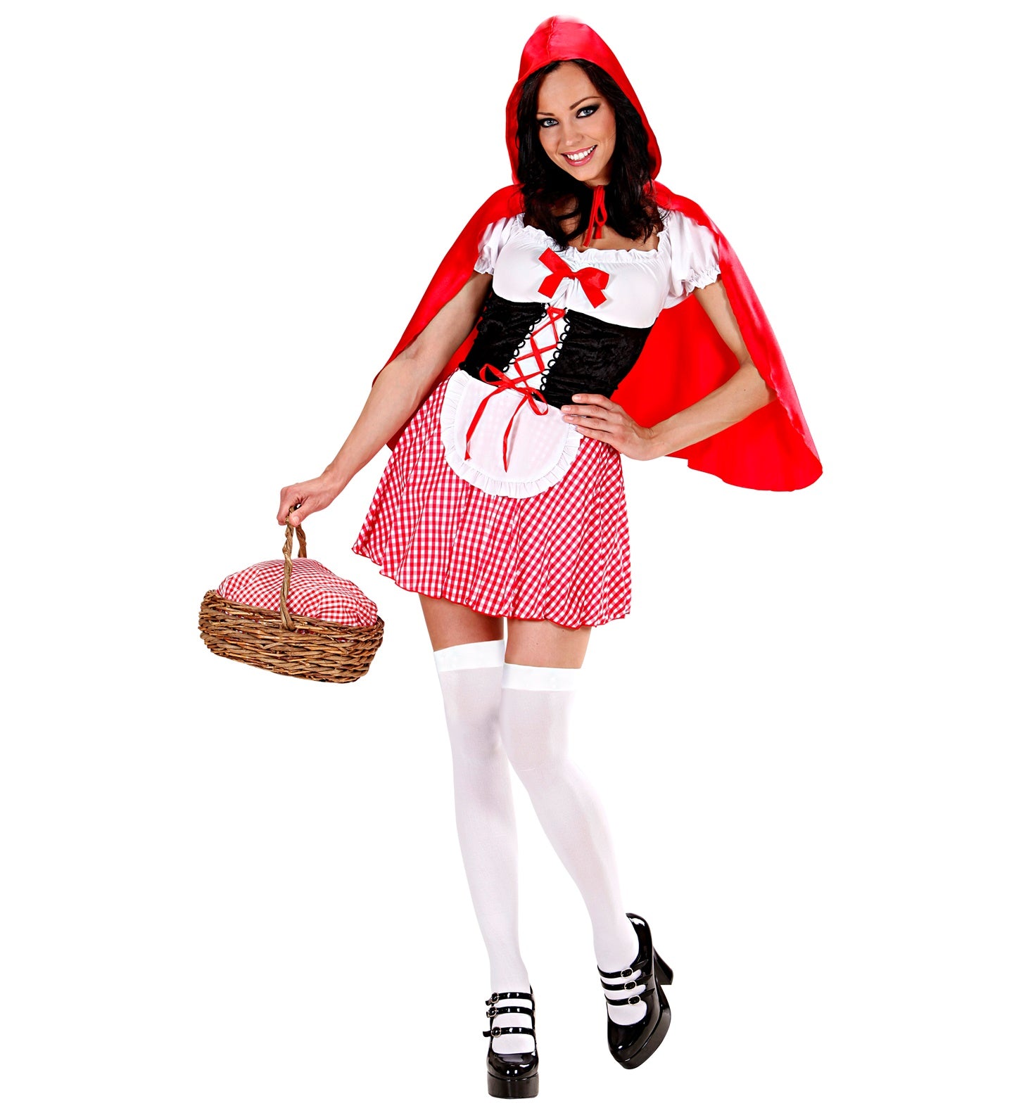 Model in a Little Red Riding Hood outfit holding a wicker basket, highlighting the corset bodice and white apron.
