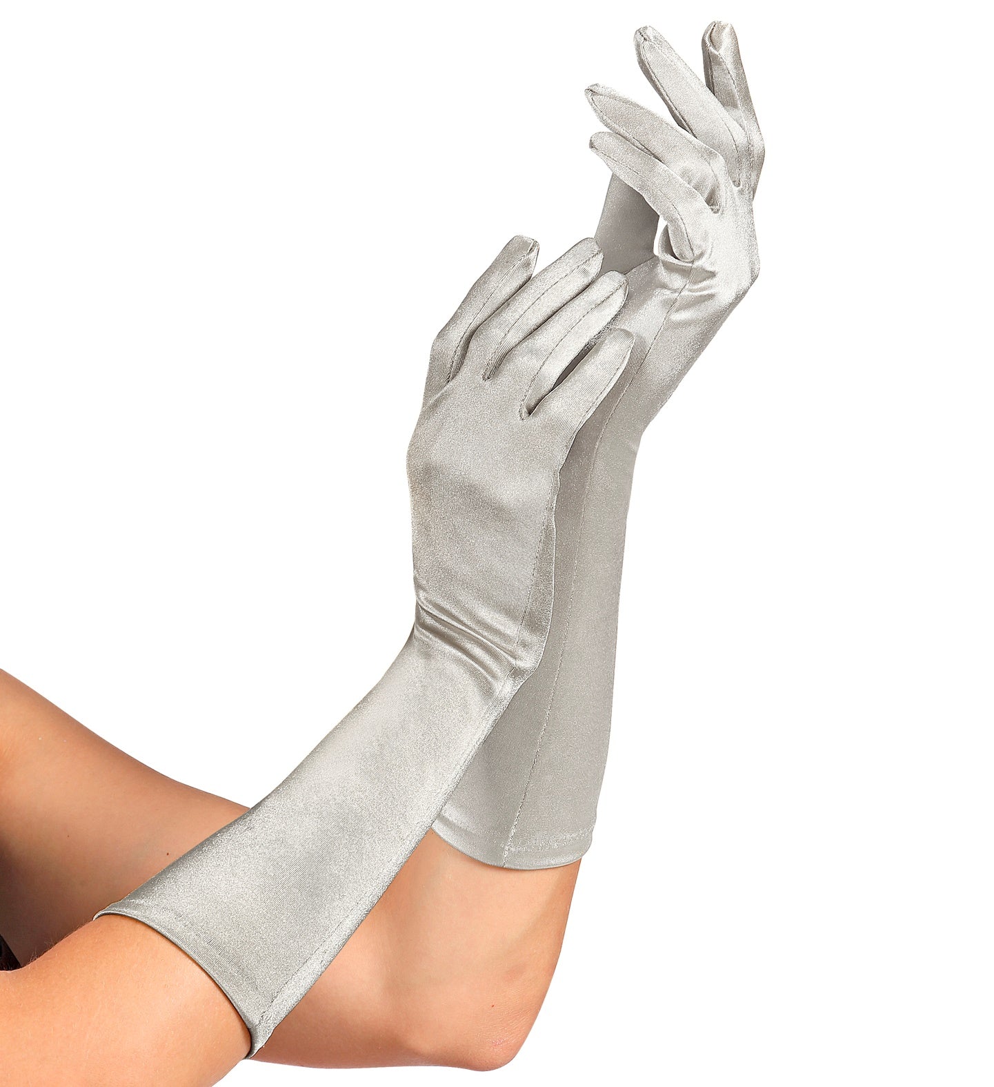 Long Silver Satin Gloves