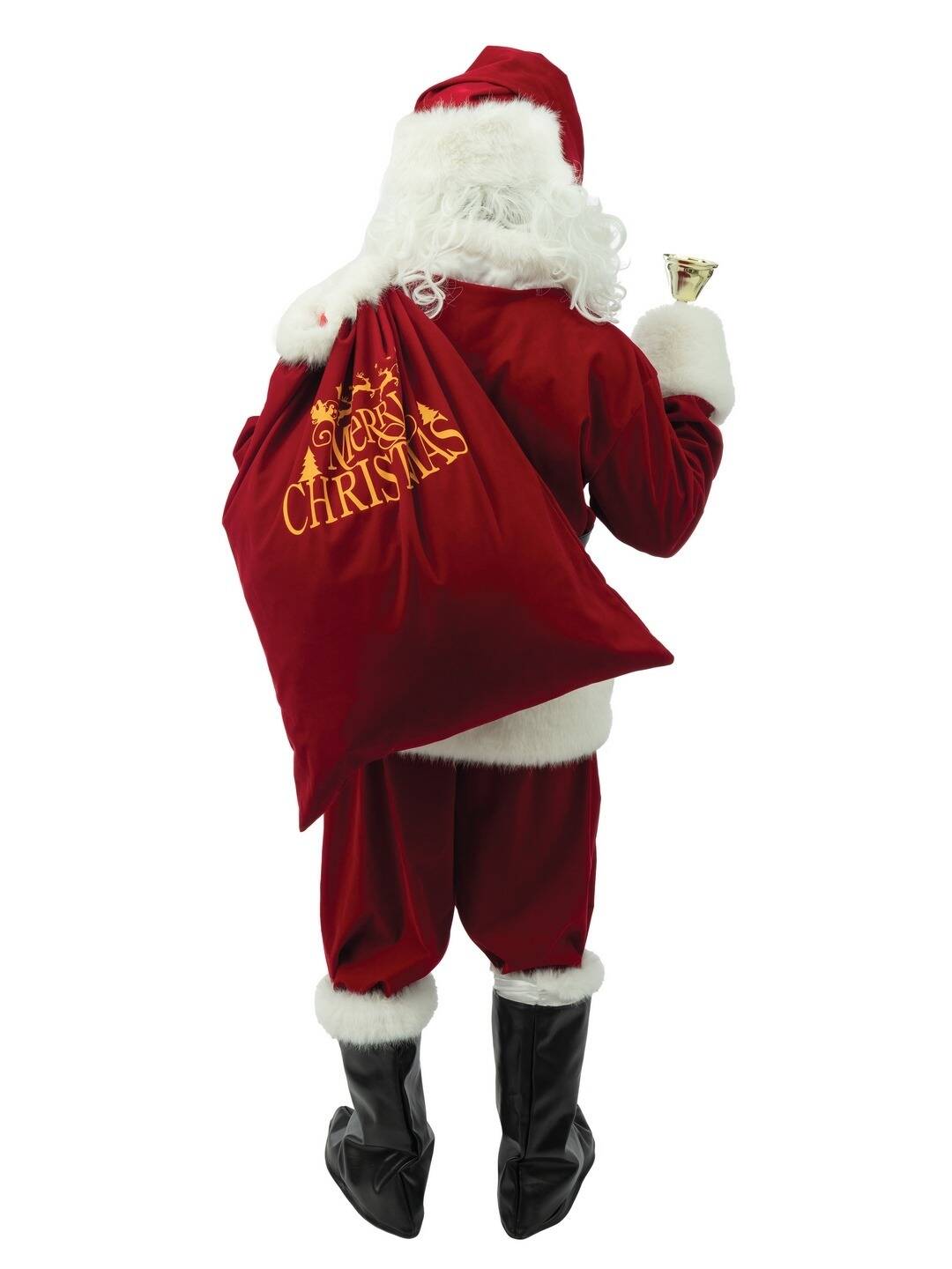 The back view of a man in a professional Santa suit, carrying a large red 'Merry Christmas' sack over his shoulder.