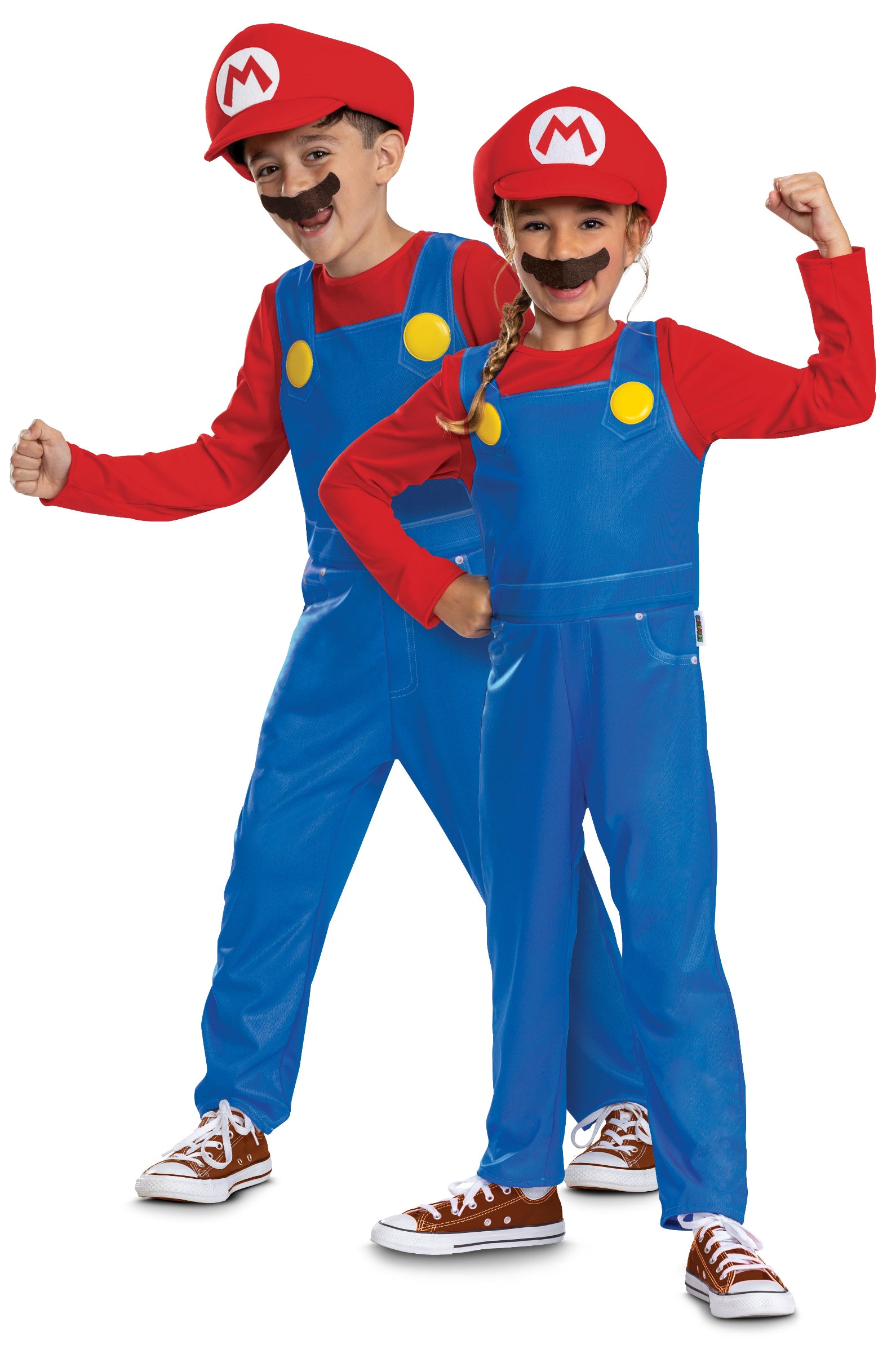 Two models standing side-by-side wearing matching Super Mario elevated costumes complete with jumpsuits, red hats, and moustaches against a white background.