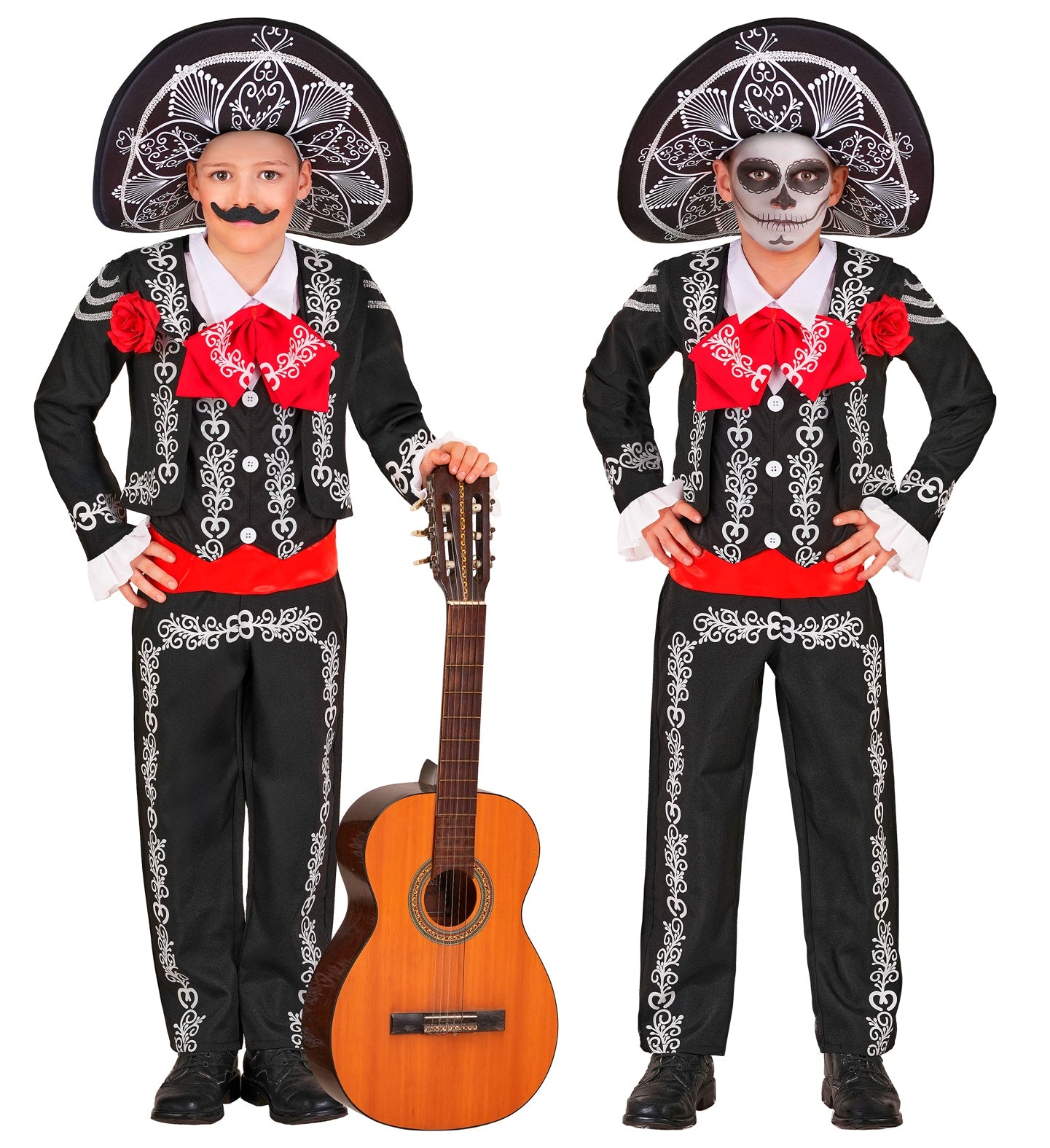 A split photo showing a model wearing a men's Mariachi costume with a large printed sombrero, shown on the left without face paint holding a guitar, and on the right with sugar skull makeup posing with hands on hips.