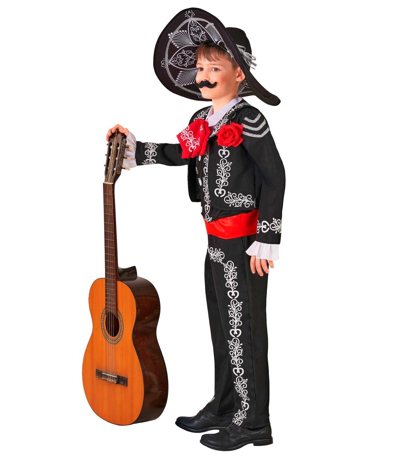 A side-profile view of a model wearing a black and white Day of the Dead Mariachi costume and sombrero, painted with sugar skull makeup and holding a black cane with a white skull handle.