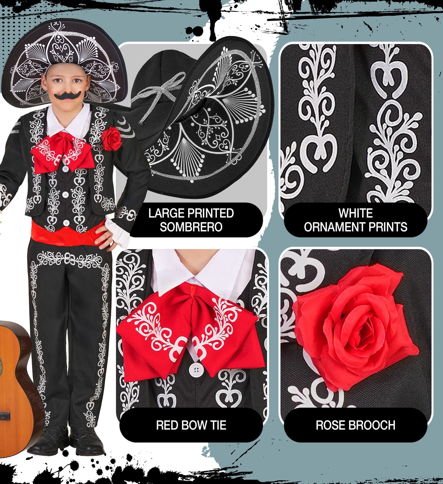 A multi-panel collage highlighting the details of a men's Day of the Dead Mariachi fancy dress costume, showing close-ups of the large printed sombrero, white ornament prints, red bow tie, and red rose brooch.
