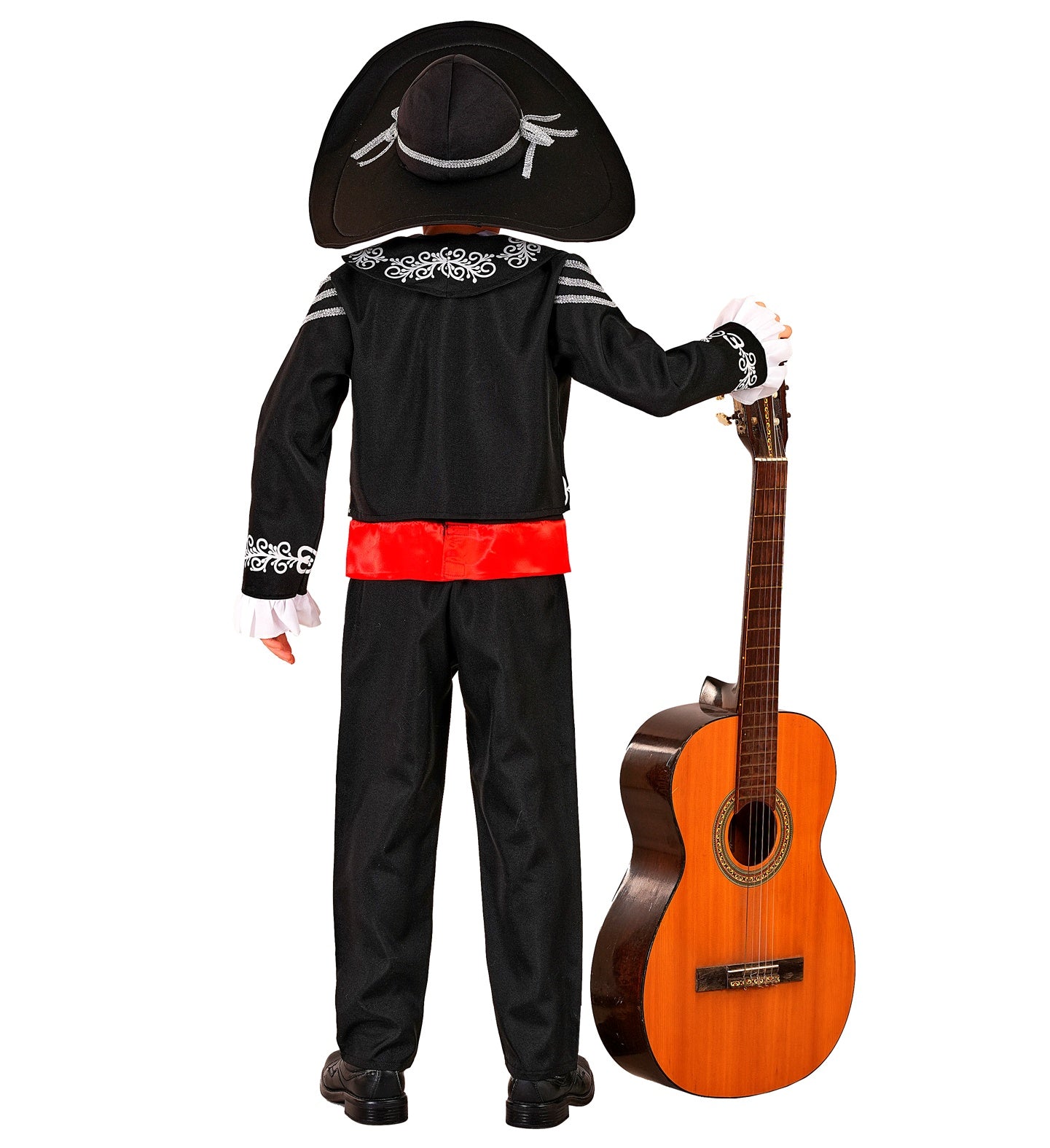 The back view of a men's Mariachi fancy dress costume, showcasing the black jacket with white shoulder detailing, red waist sash, plain black trousers, and the back of a large black sombrero.