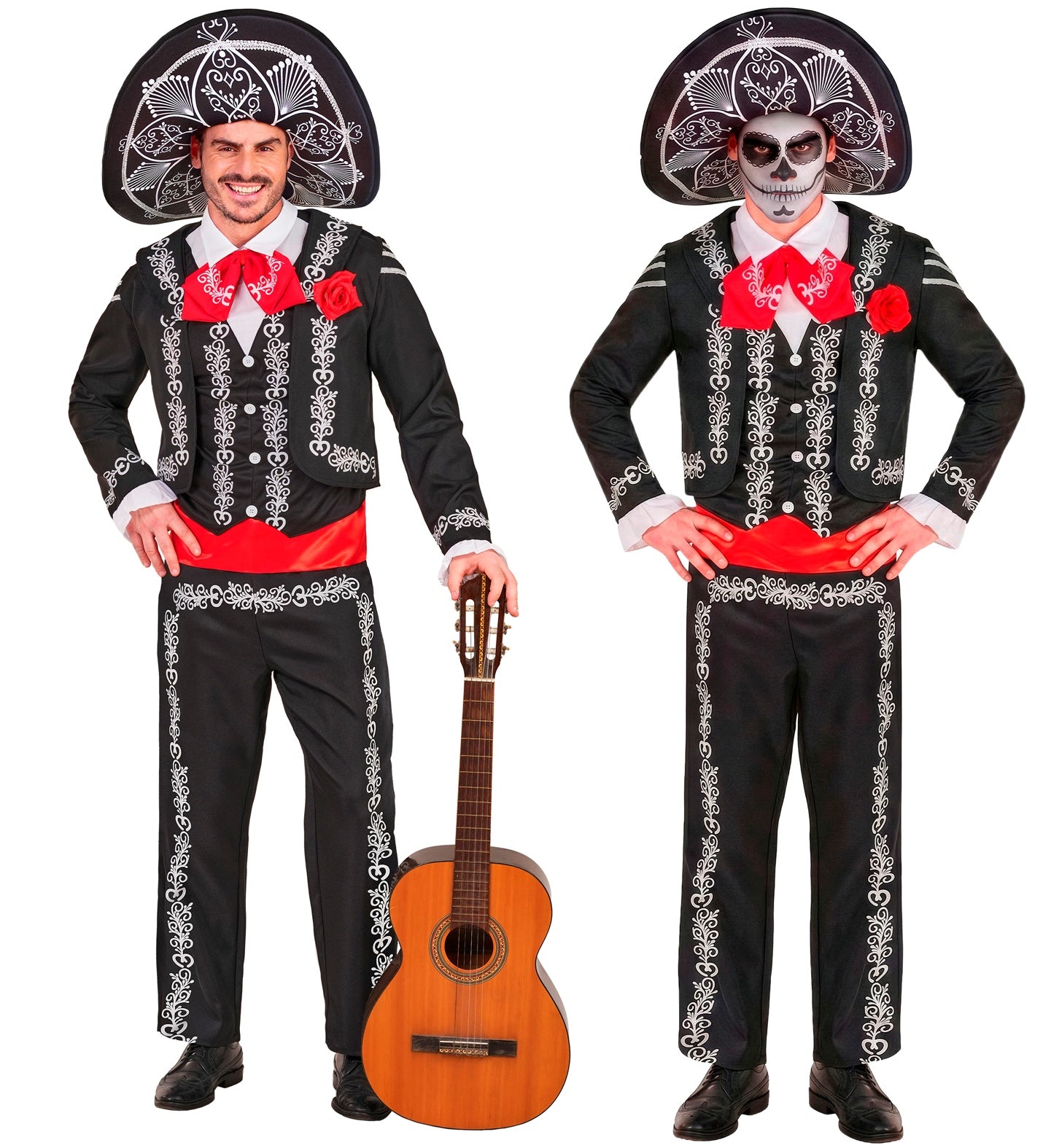 A split photo showing a model wearing a men's Mariachi costume with a large printed sombrero, shown on the left without face paint holding a guitar, and on the right with sugar skull makeup posing with hands on hips.