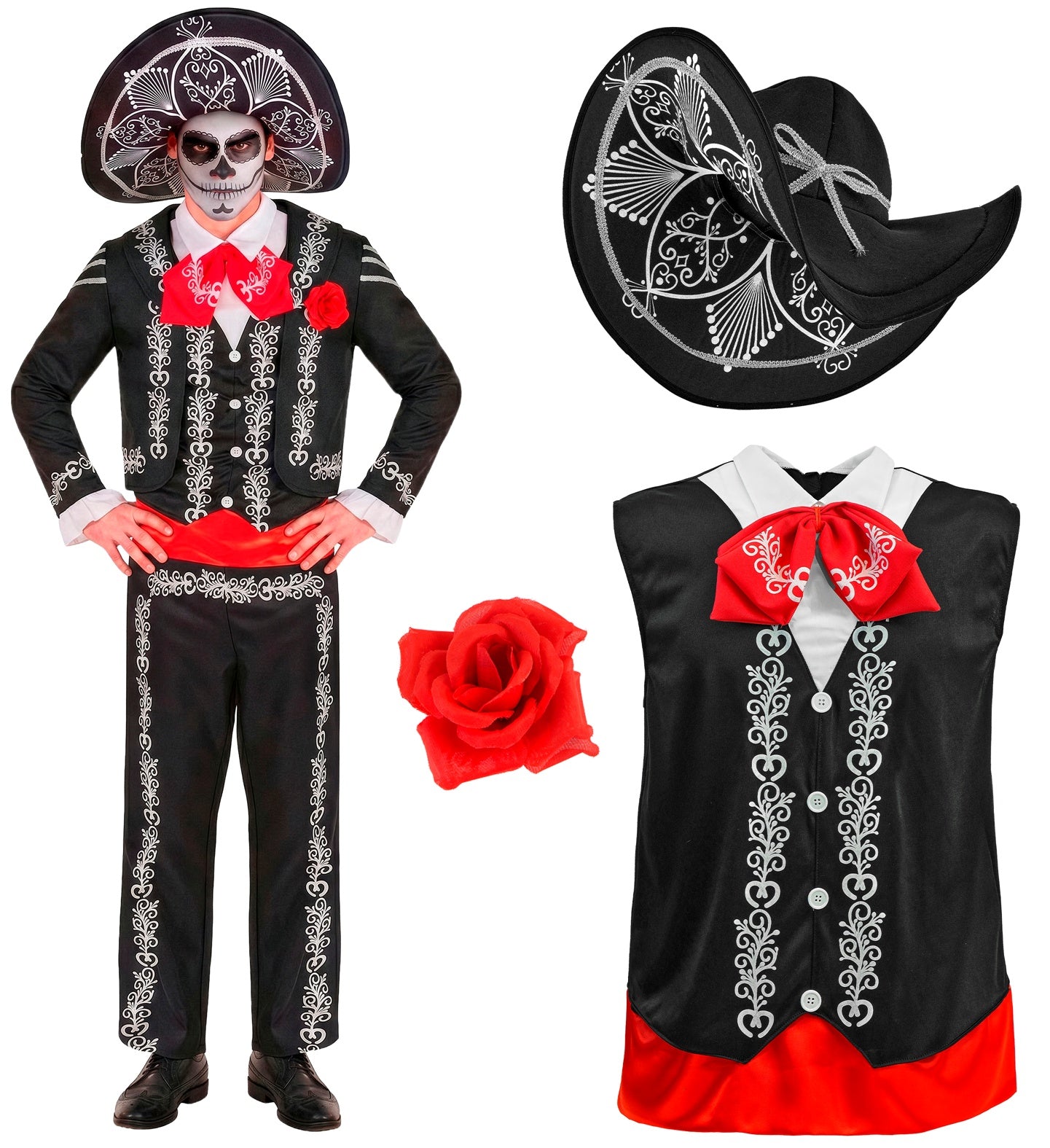 A product layout showing the components of a men's Day of the Dead Mariachi costume, featuring the jacket and trousers on a model, alongside isolated views of the printed sombrero, red rose prop, and the shirt with attached vest and red bow tie.