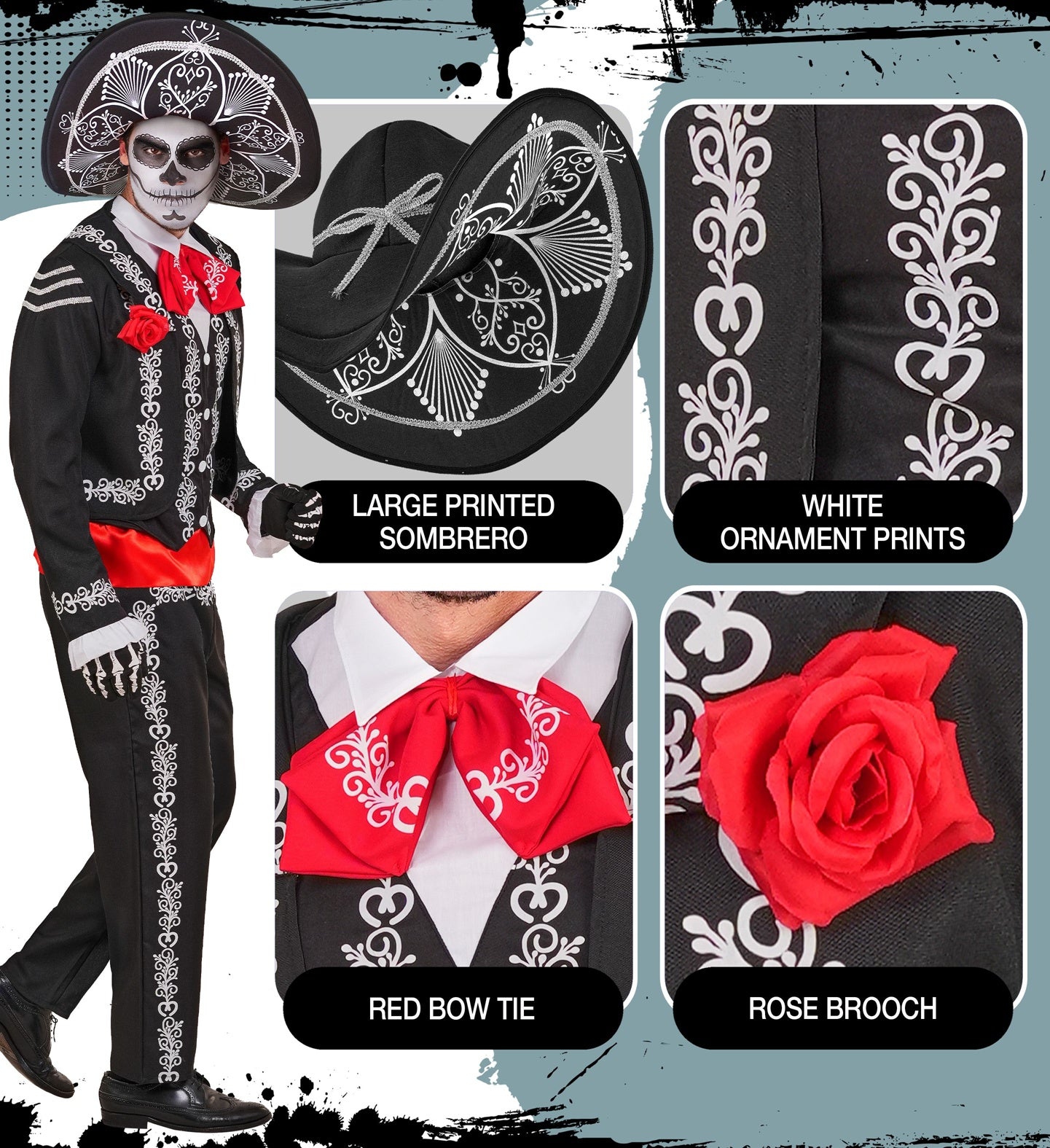 A multi-panel collage highlighting the details of a men's Day of the Dead Mariachi fancy dress costume, showing close-ups of the large printed sombrero, white ornament prints, red bow tie, and red rose brooch.