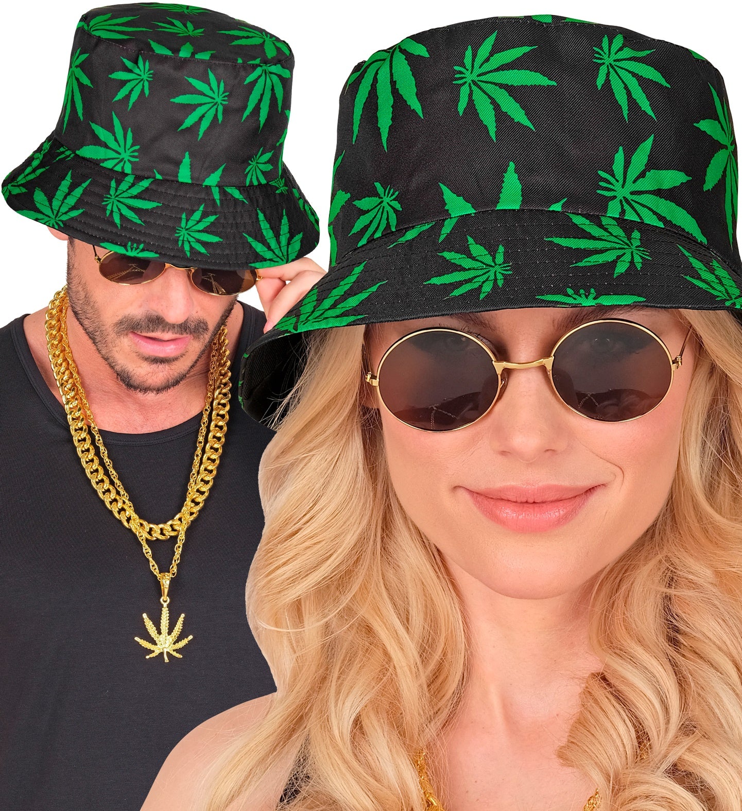 Two people wearing black bucket hats with green hash leaf patterns, sunglasses, and gold necklaces.