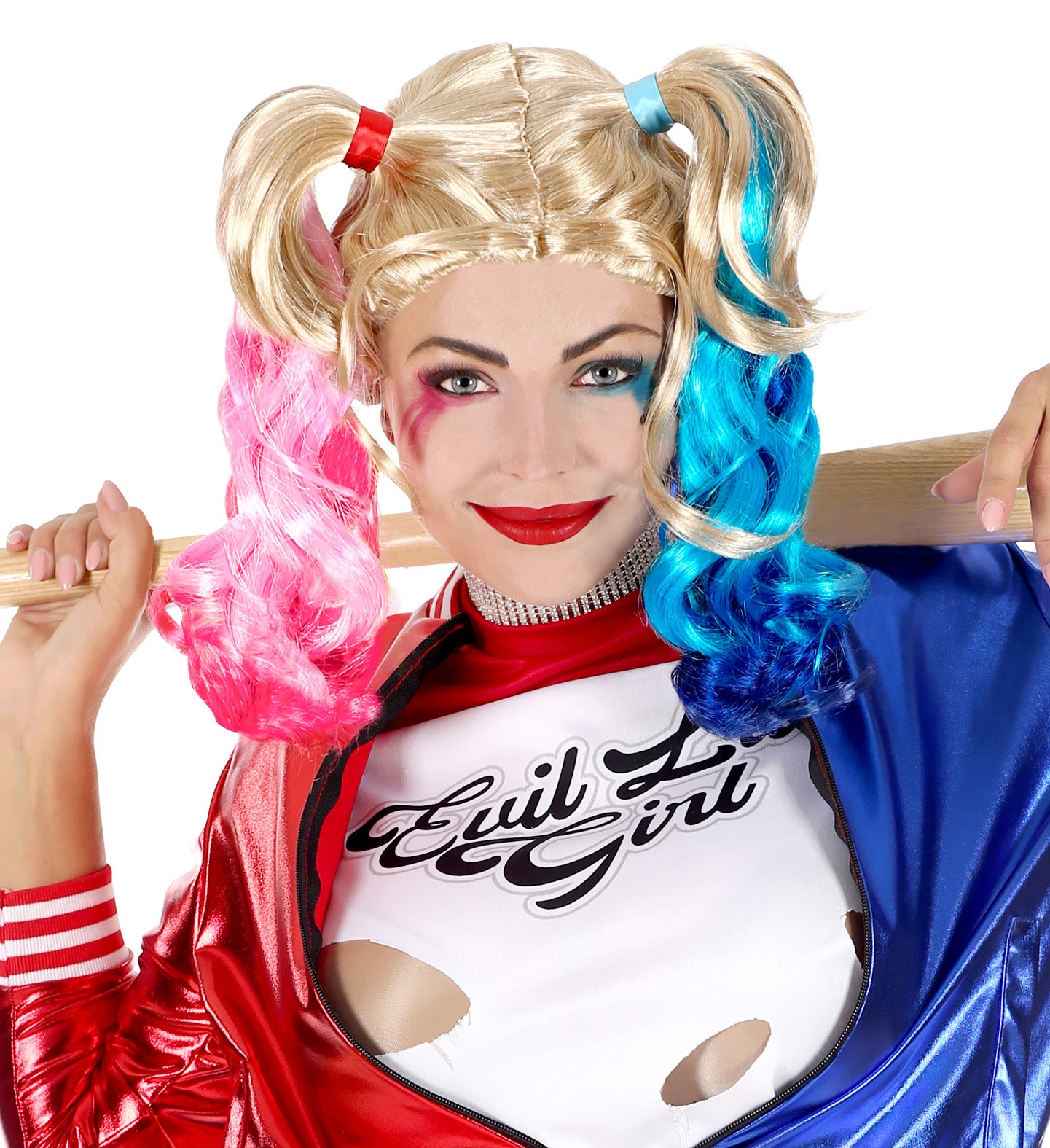 A woman dressed as a comic book villain holds a baseball bat over her shoulder while wearing a blonde wig with pink and blue pigtails