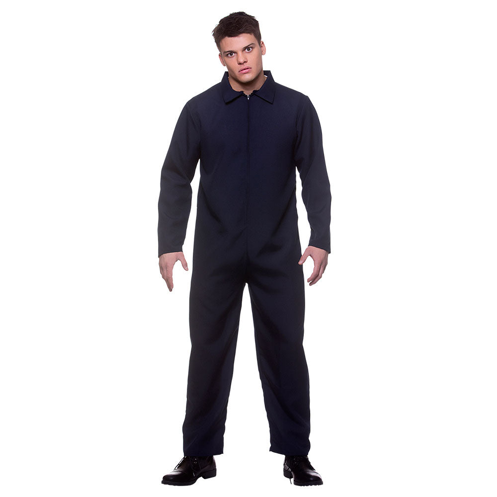 A man with a menacing expression models a dark navy mechanic-style boiler suit, perfect for a Michael Myers Halloween costume.