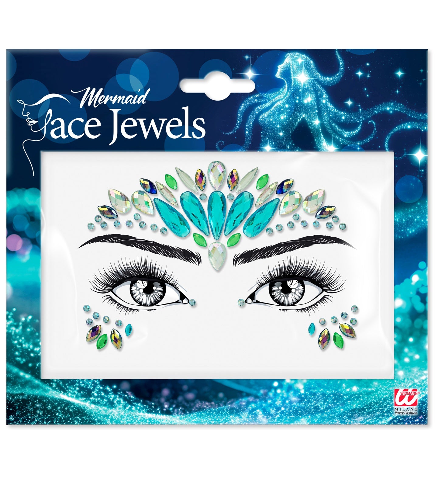 Mermaid face jewels packaging with blue and green design on a white background