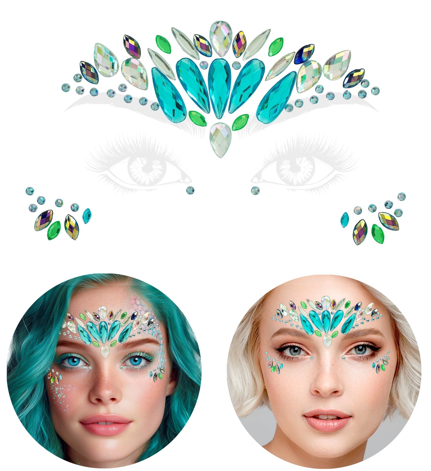 The complete Mermaid Face Jewels self-adhesive set showing the forehead crown and cheek accent pieces in original packaging.