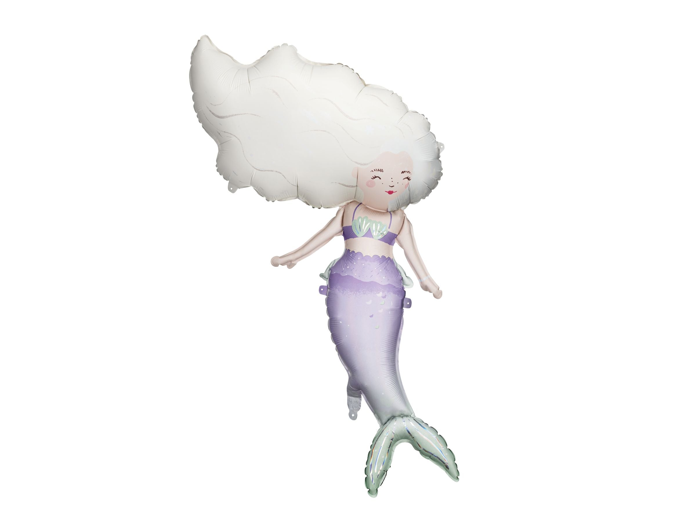 A large, inflated mermaid foil balloon with white hair, a purple top, and a shimmering purple and light green tail, isolated on a white background.