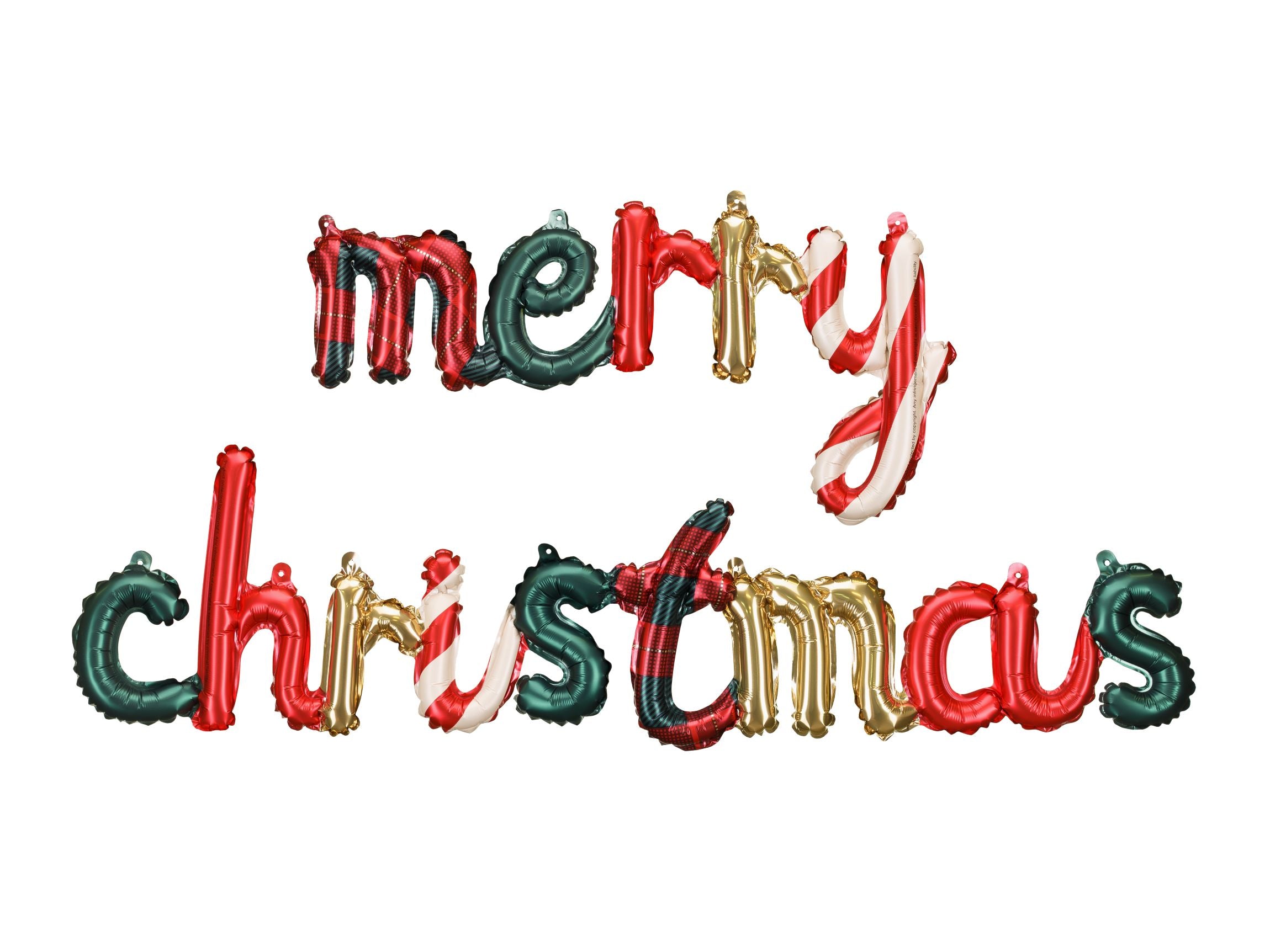 A "Merry Christmas" foil balloon banner with letters in mixed red, green, gold, and candy cane stripe colors.
