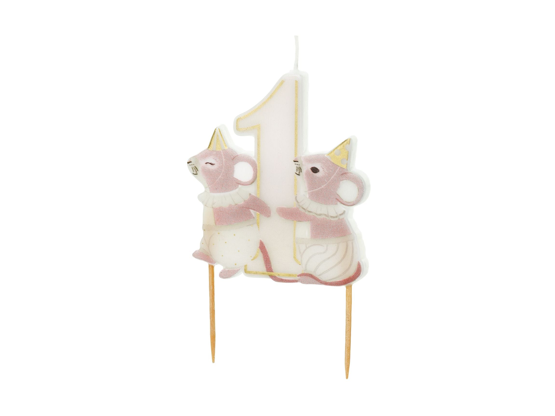 A shaped wax birthday candle featuring a white number 1 with a gold outline, flanked by two pink and beige vintage-style mice wearing party hats, set on two wooden picks.
