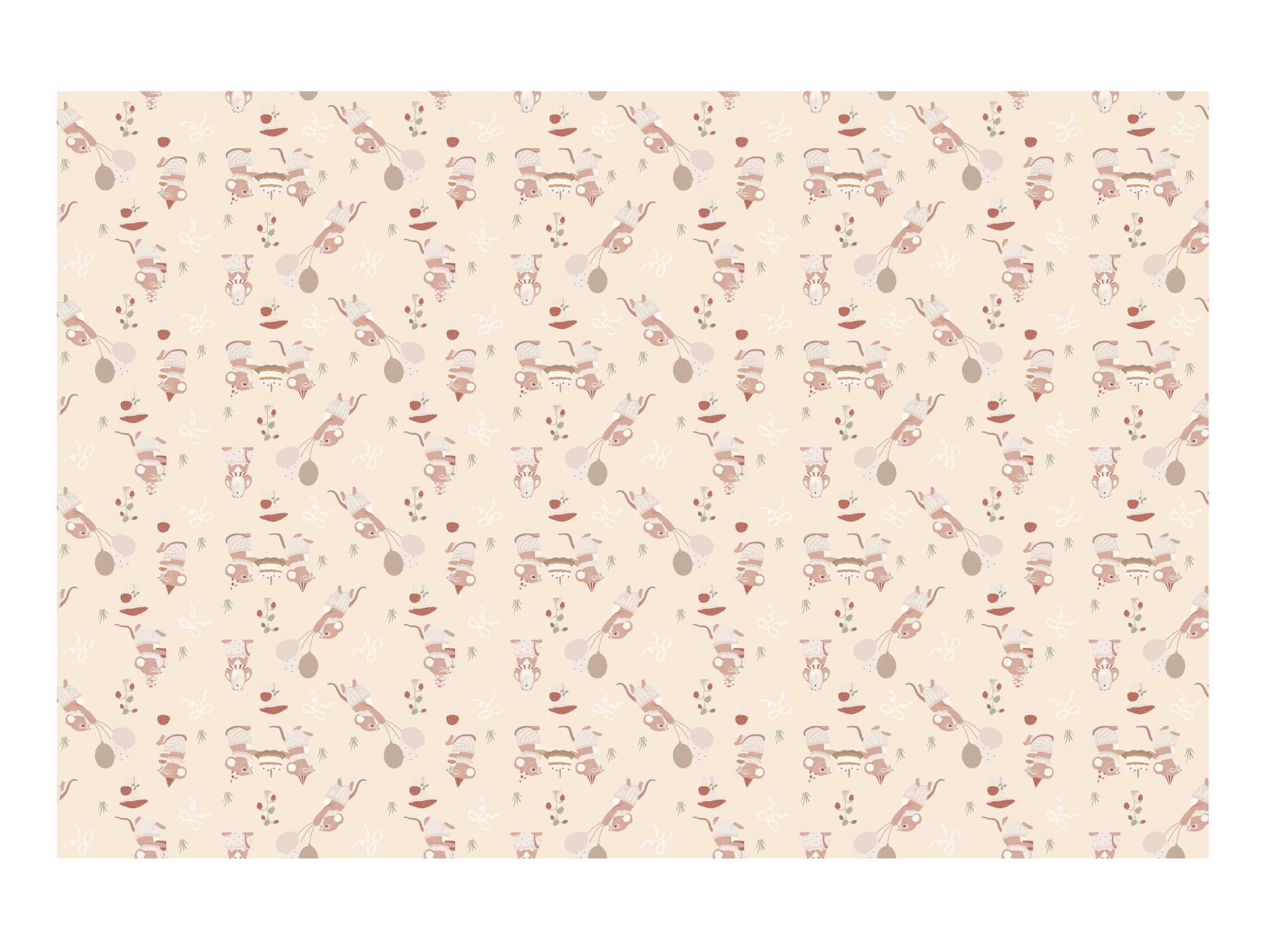 Full flat pattern view of the beige paper tablecloth featuring repeating vintage illustrations of mice, balloons, cakes, and strawberries.