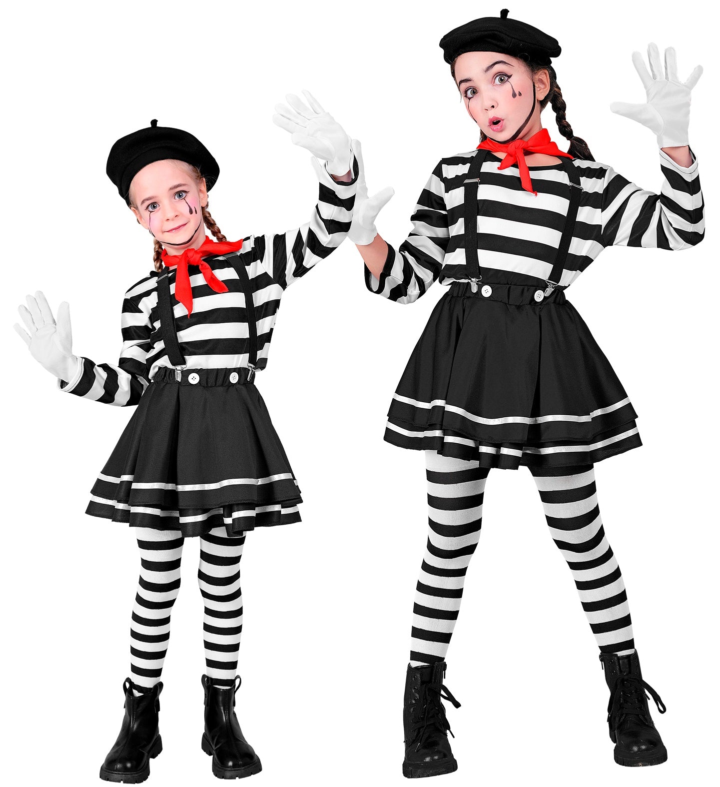 Two children in identical mime costumes, standing side-by-side and striking poses with their arms raised. The costumes feature black berets, black and white striped long-sleeve shirts, black skirts with white trim, black suspenders, black and white striped leggings, white gloves, and black boots.