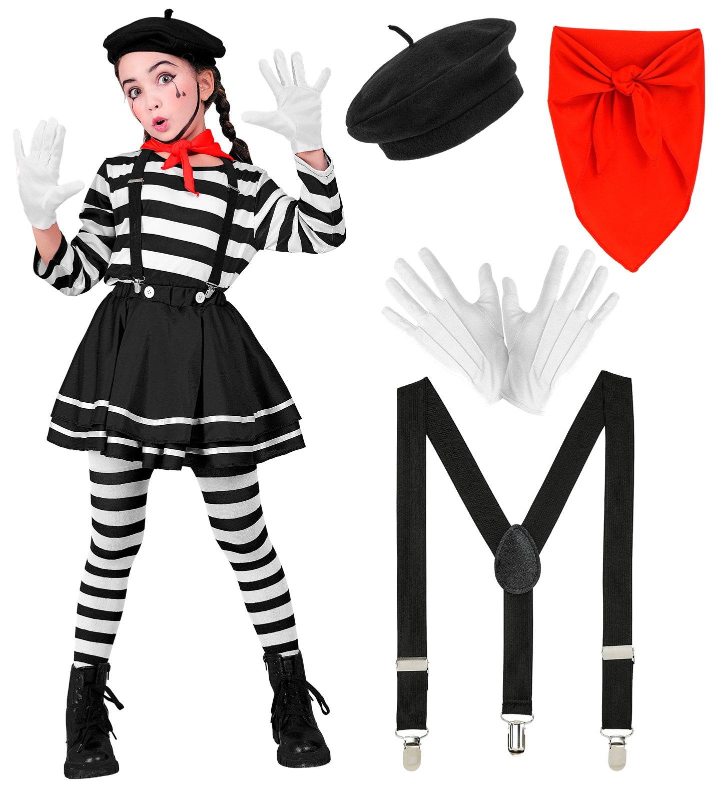 A composite image featuring a child in a full mime costume on the left (black beret, white face paint, red neckscarf, striped shirt, black skirt, suspenders, striped leggings, white gloves, black boots), and separate costume components on the right (black beret, red neckscarf, white gloves, and black suspenders) against a white background.