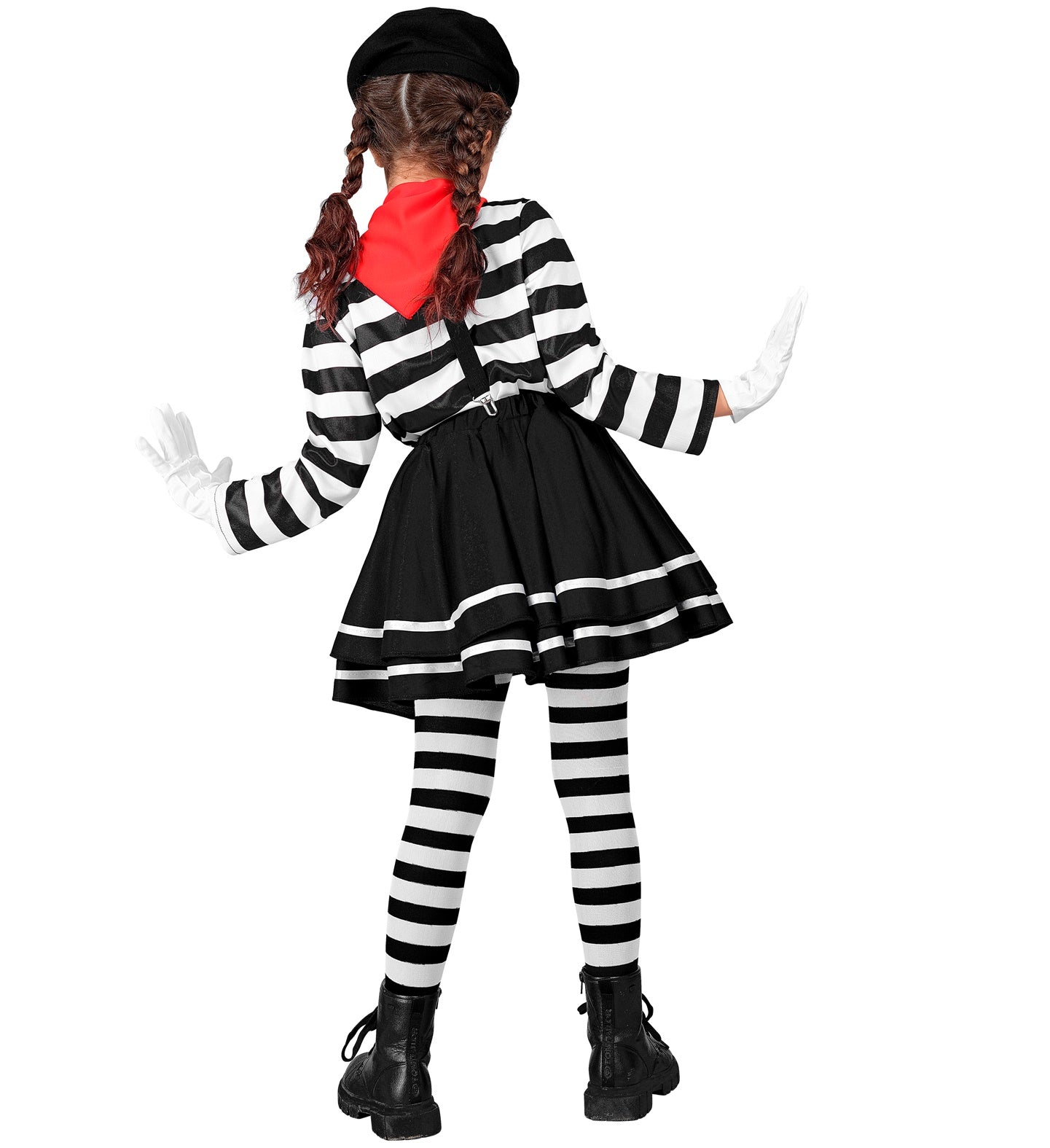 A child in a mime costume, viewed from the back, posing with arms slightly outstretched. The costume includes a black beret, a red neckscarf, a black and white striped long-sleeve shirt, a black skirt with white trim, black suspenders, black and white striped leggings, white gloves, and black boots.