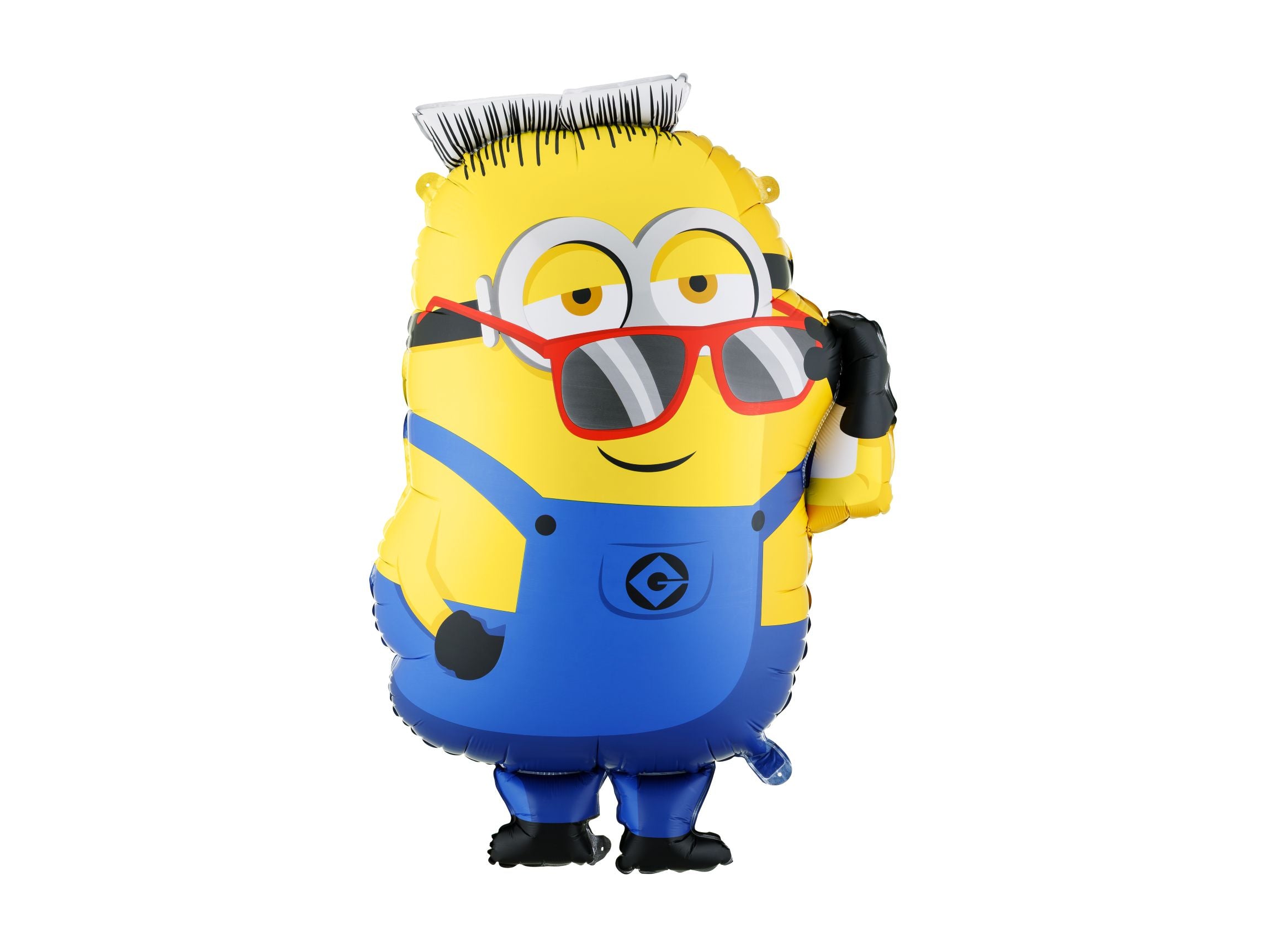 Close-up of an officially licensed Minion Ron foil balloon showing his yellow skin, red sunglasses, and blue overalls.