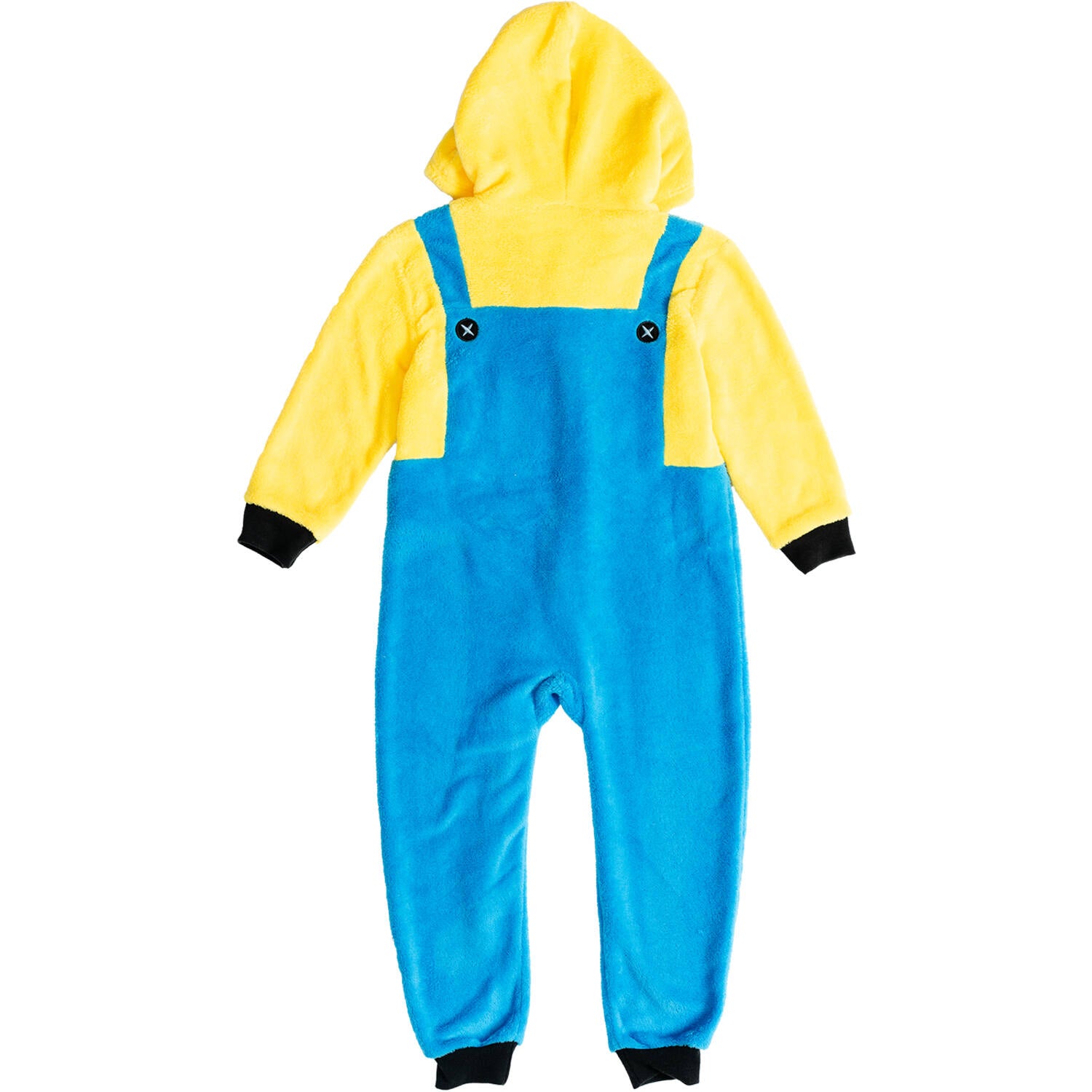 The full back view of an all-in-one fleece Minions jumpsuit for kids, showcasing the bright yellow hood and smooth blue body design.