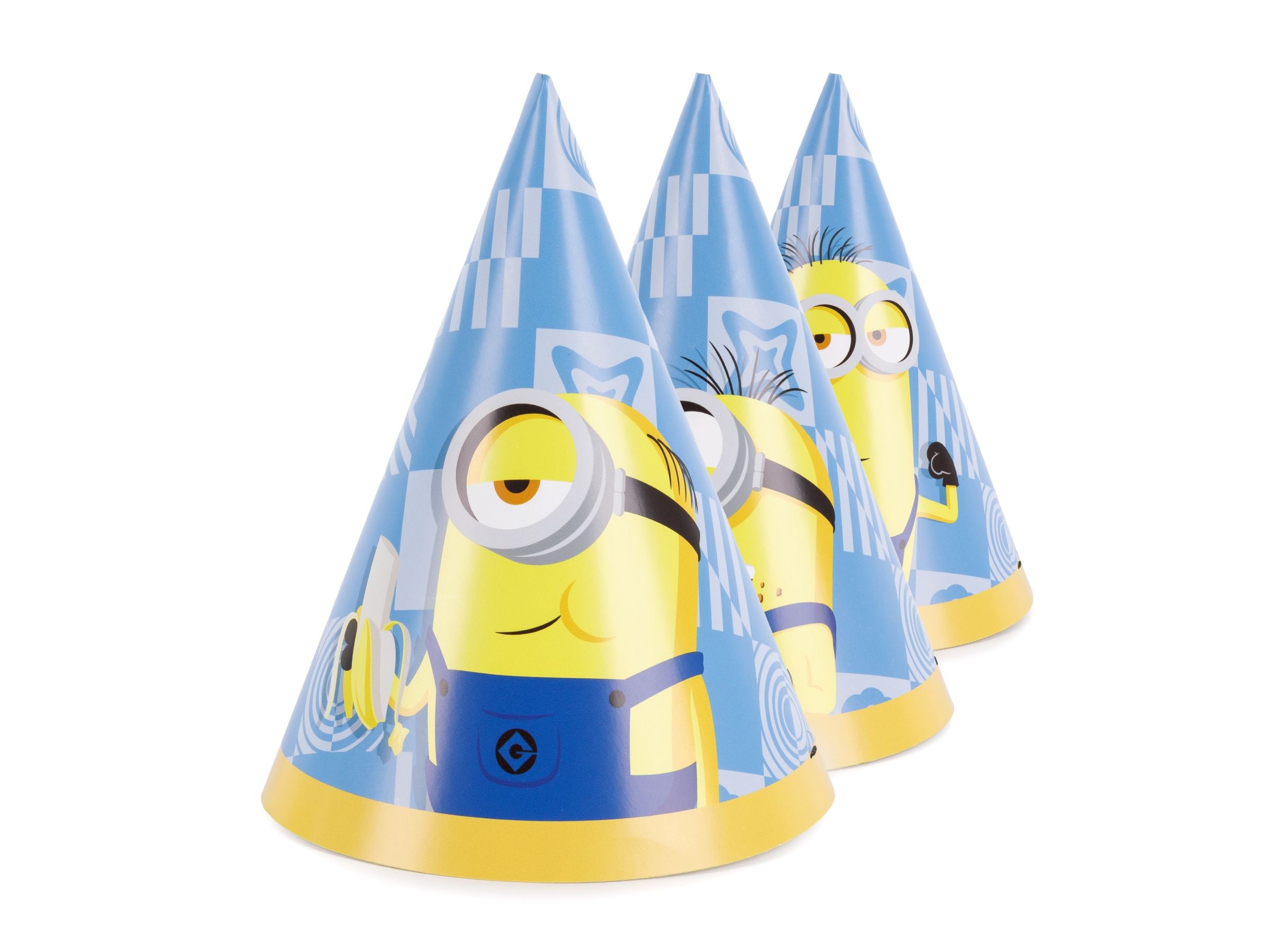 A lineup of three blue paper party hats featuring different Minion characters and yellow borders, shown on a plain white background.