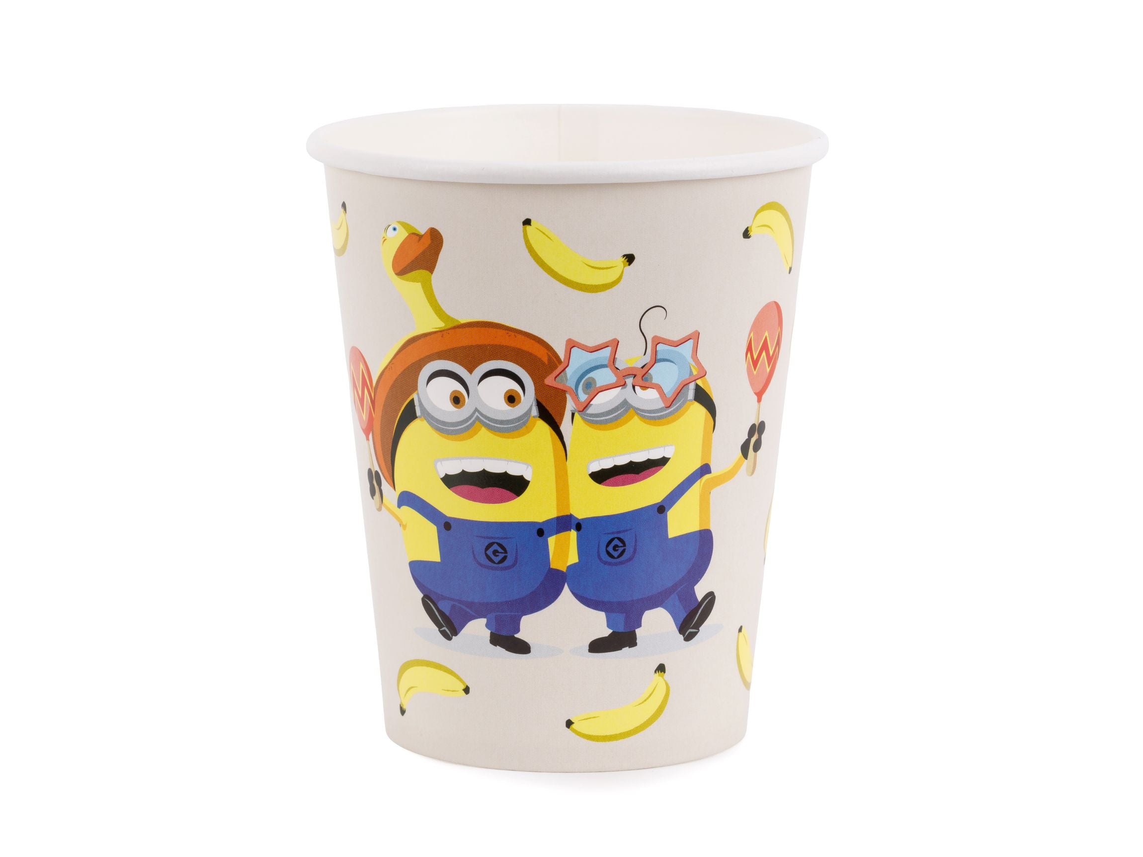 A beige paper party cup featuring two partying Minions, one wearing a duck hat holding maracas and the other wearing star glasses, surrounded by floating bananas.