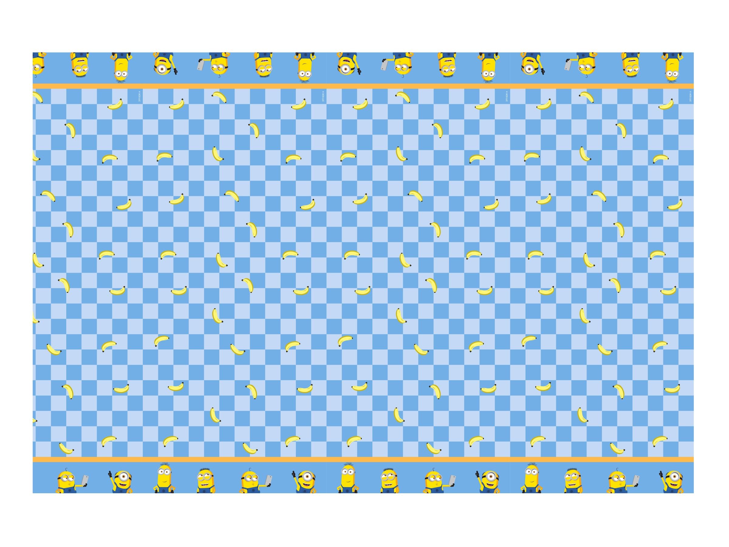 A flat view of a Minions paper tablecloth showing a light blue checkered pattern with scattered bananas in the center, and a yellow border featuring various Minion characters along the edges.