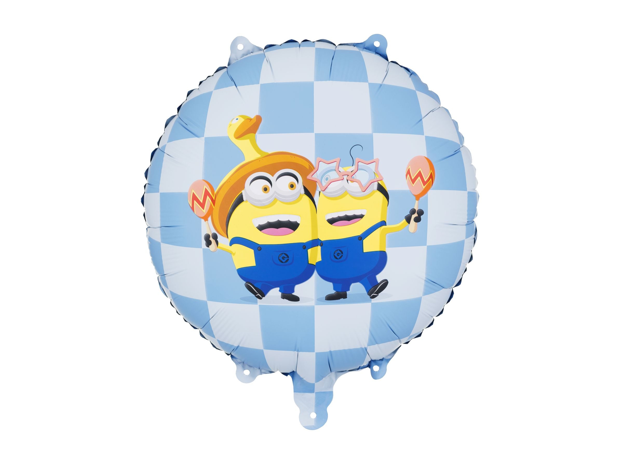 A round foil balloon featuring a light blue and white checkerboard pattern with two happy Minions holding maracas, one wearing a duck hat and the other wearing star glasses.