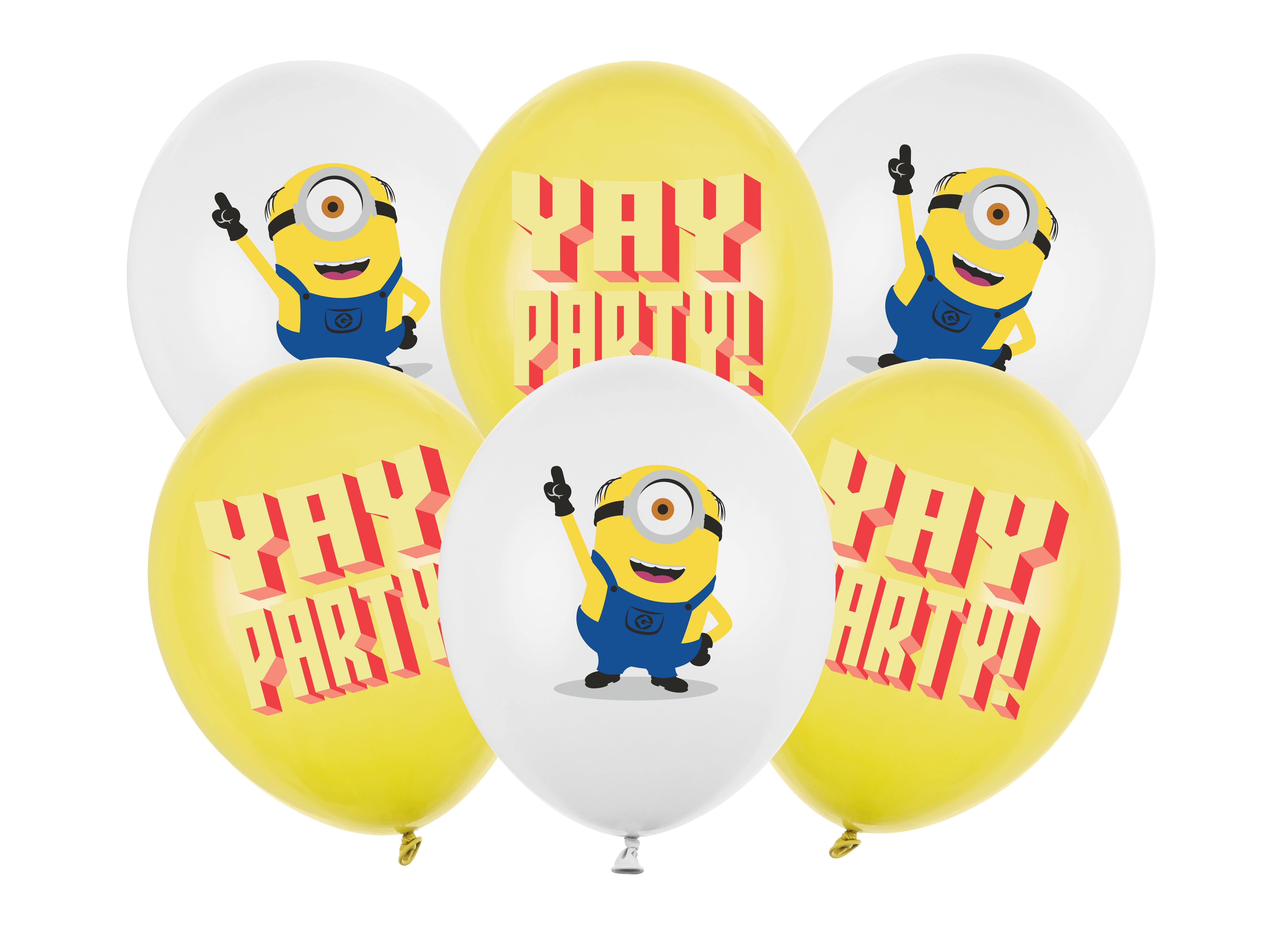 A cluster of six inflated latex balloons for a Minions party, featuring three white balloons with a happy Minion print and three honey yellow balloons with a red 3D 'YAY PARTY!' graphic.