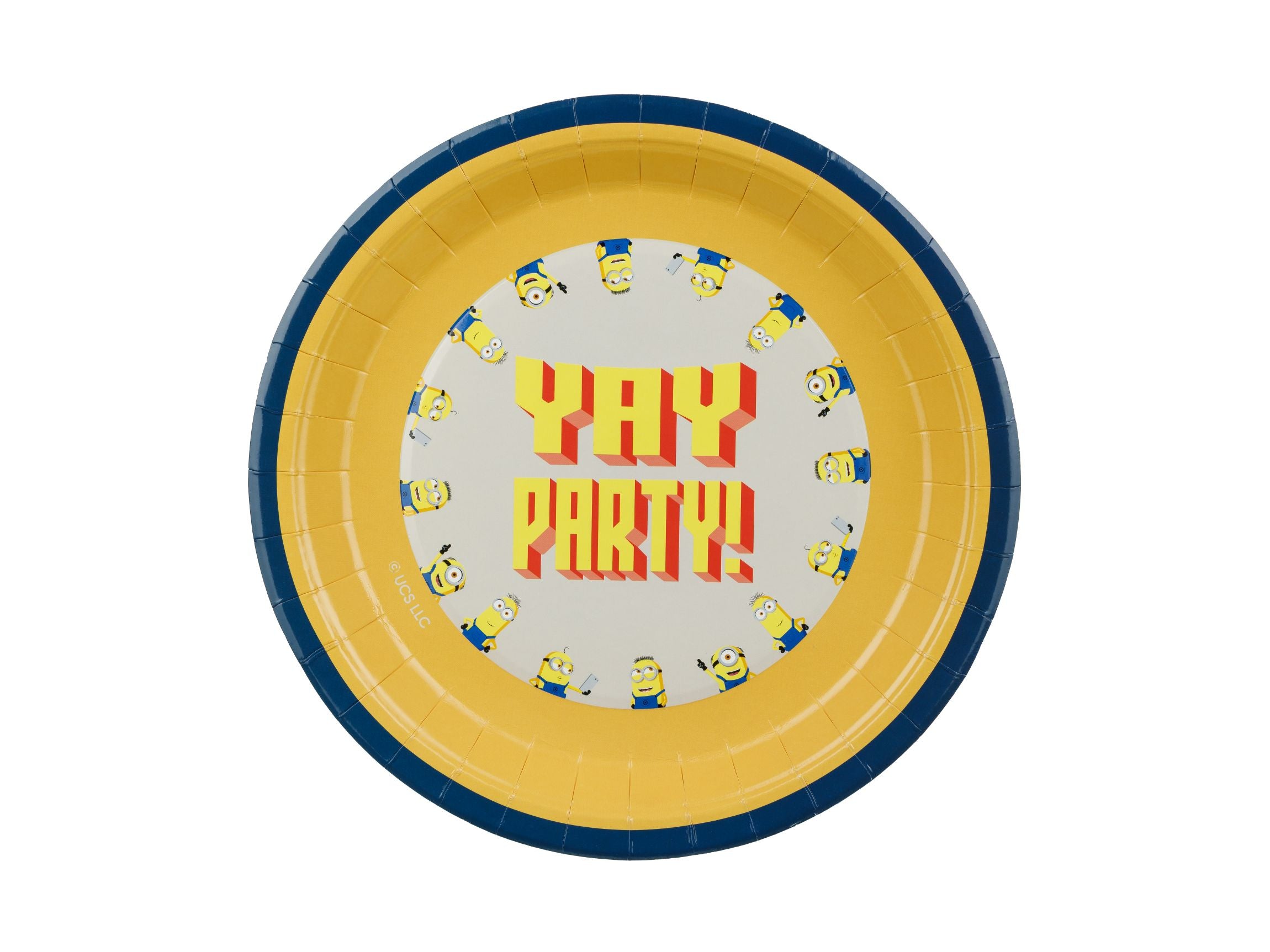 A round 23cm disposable party paper plate featuring a bright white background, colourful scattered confetti, a Minion character wearing party glasses, and the text "YAY PARTY!" in bold blue and orange lettering.