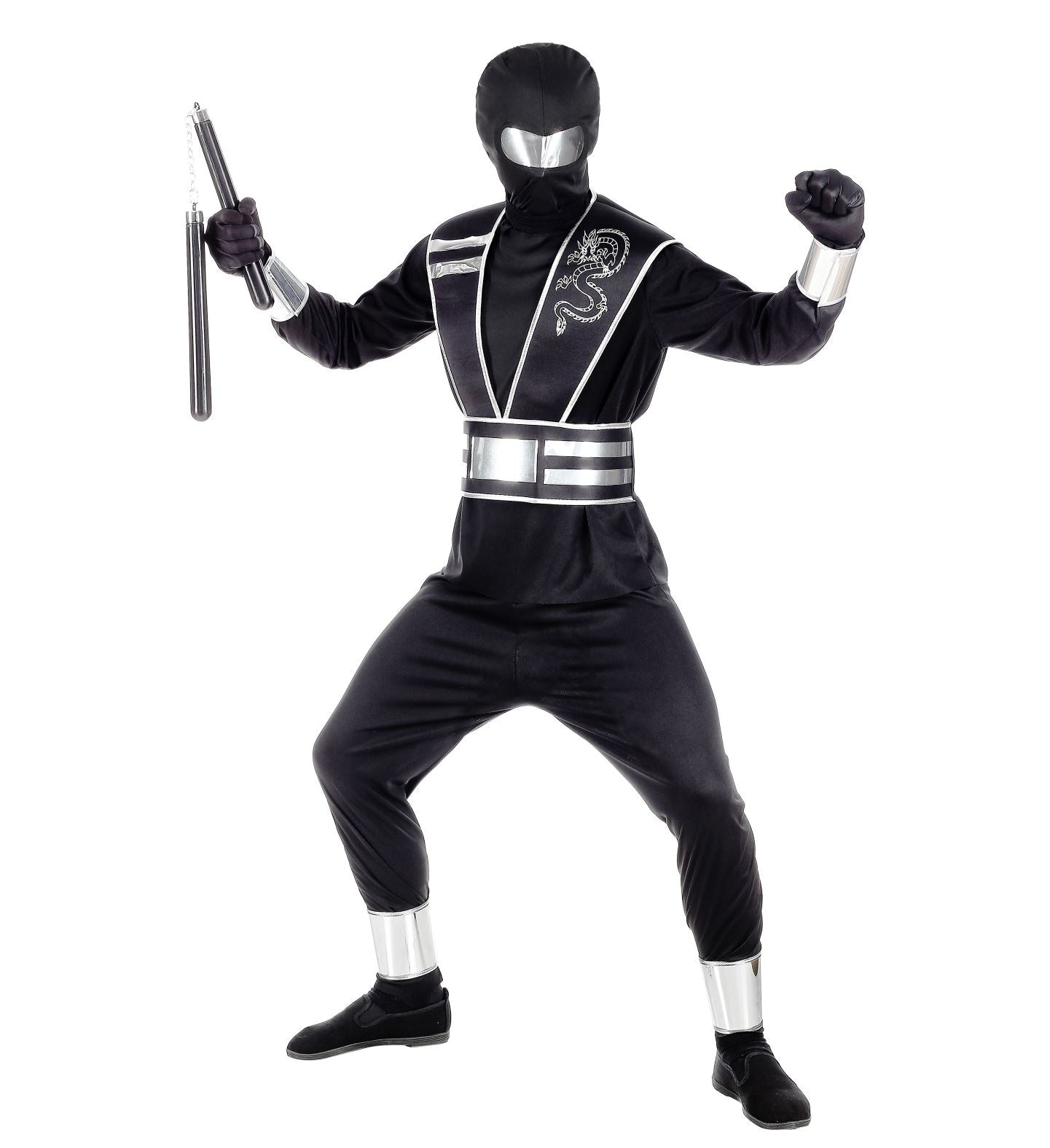 A child in a complete Mirror Ninja costume with a silver dragon emblem, holding a pair of toy nunchucks in an action pose.