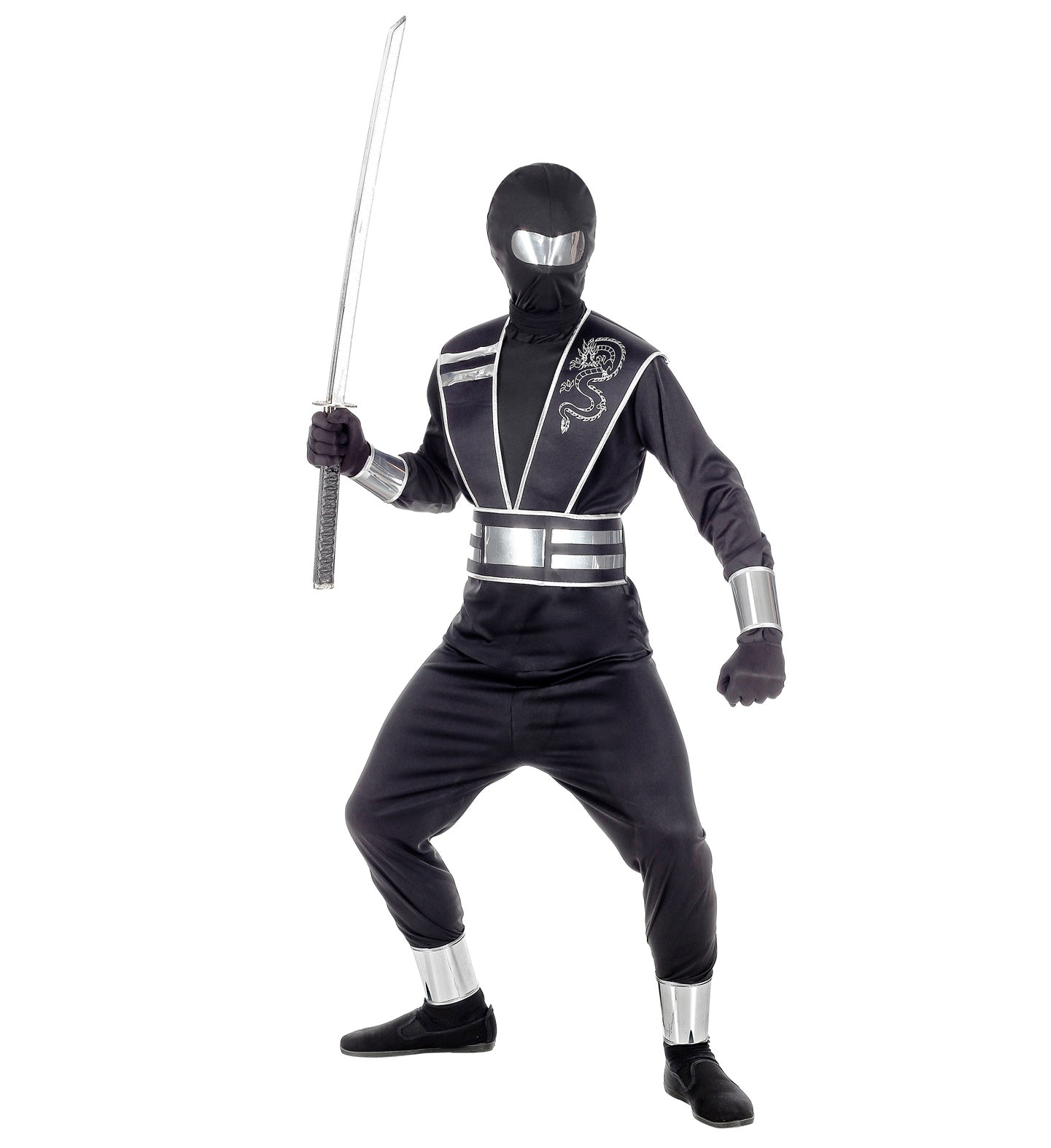 A child wearing the full Mirror Ninja warrior costume, holding a toy katana sword.